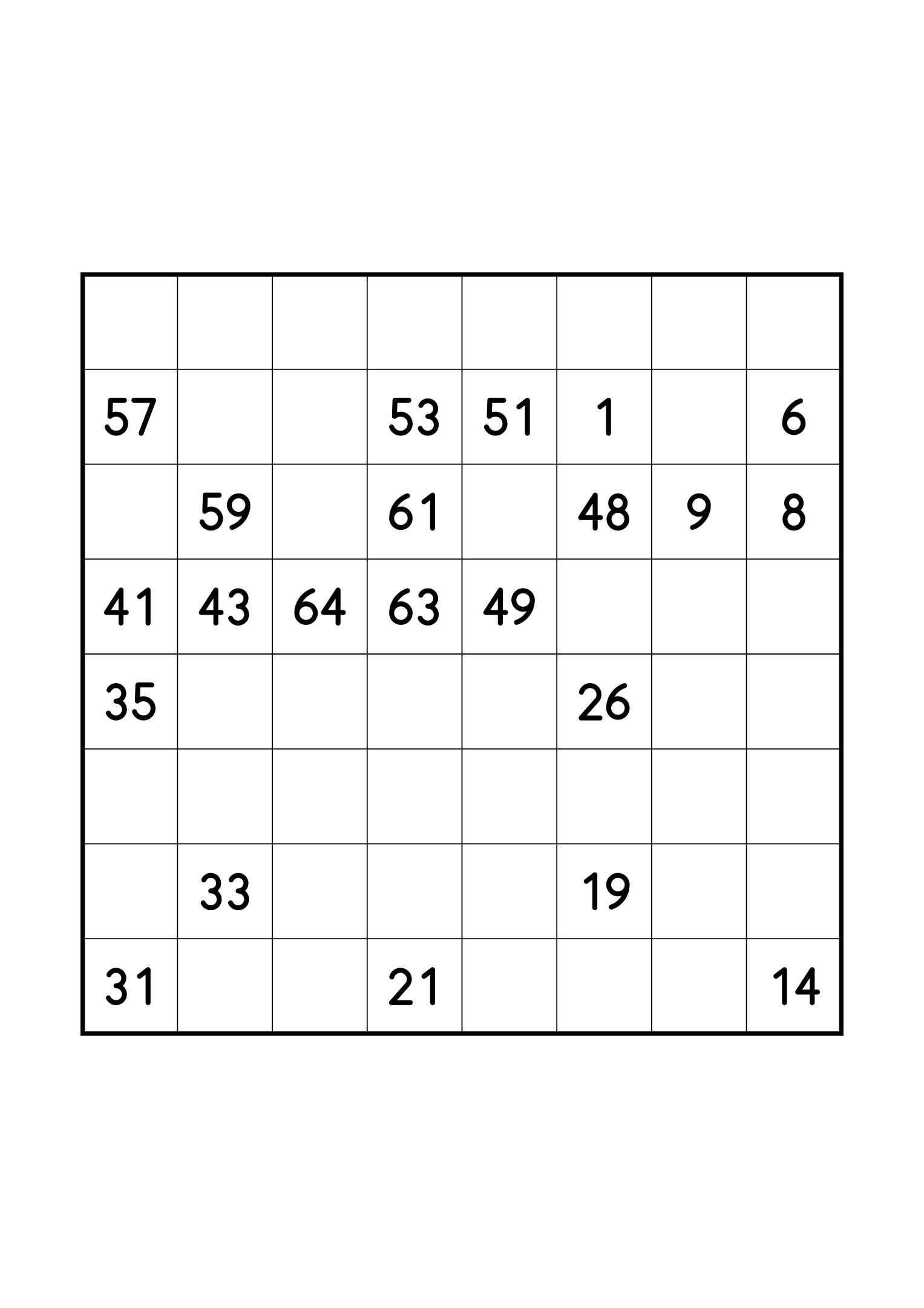 Hard 8x8 Hidoku alone on its page: few clues for a 64-step path. Variant 2.