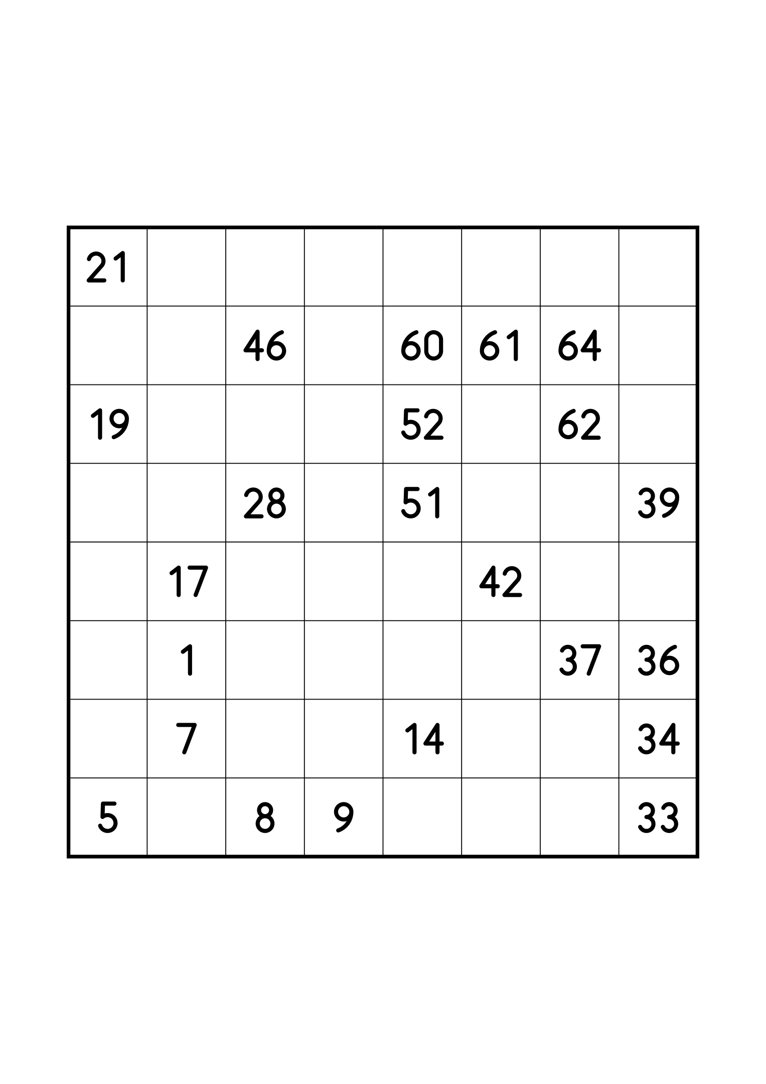 Hard 8x8 Hidoku alone on its page: few clues for a 64-step path. Variant 3.