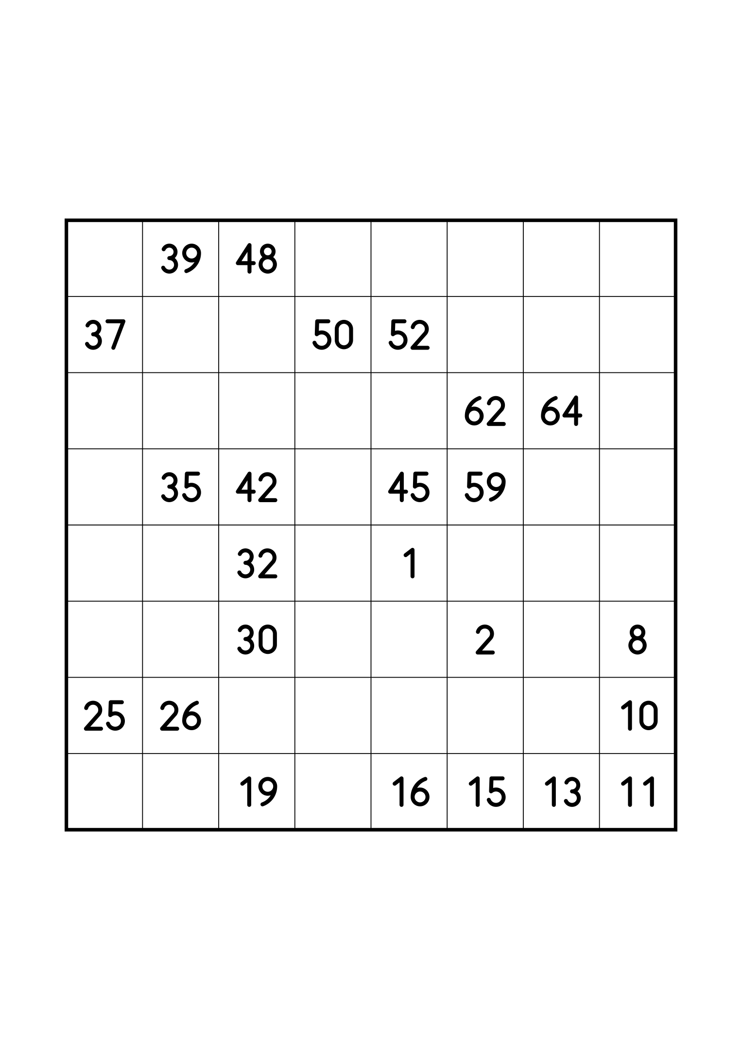 Hard 8x8 Hidoku alone on its page: few clues for a 64-step path. Variant 6.