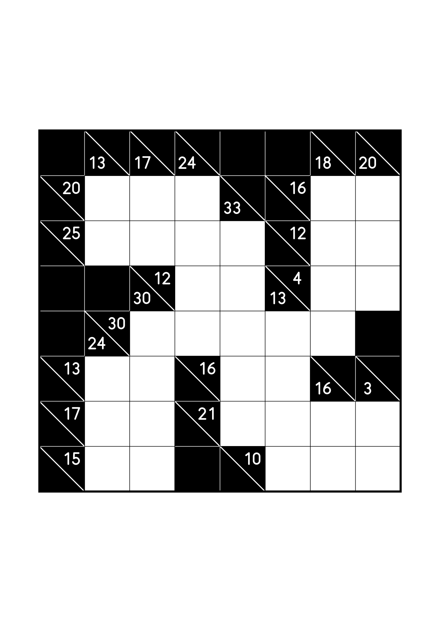 Hard 8x8 kakuro, where whole runs are tested against their cells, one large grid on the page. Level: Hard. Variant 1.