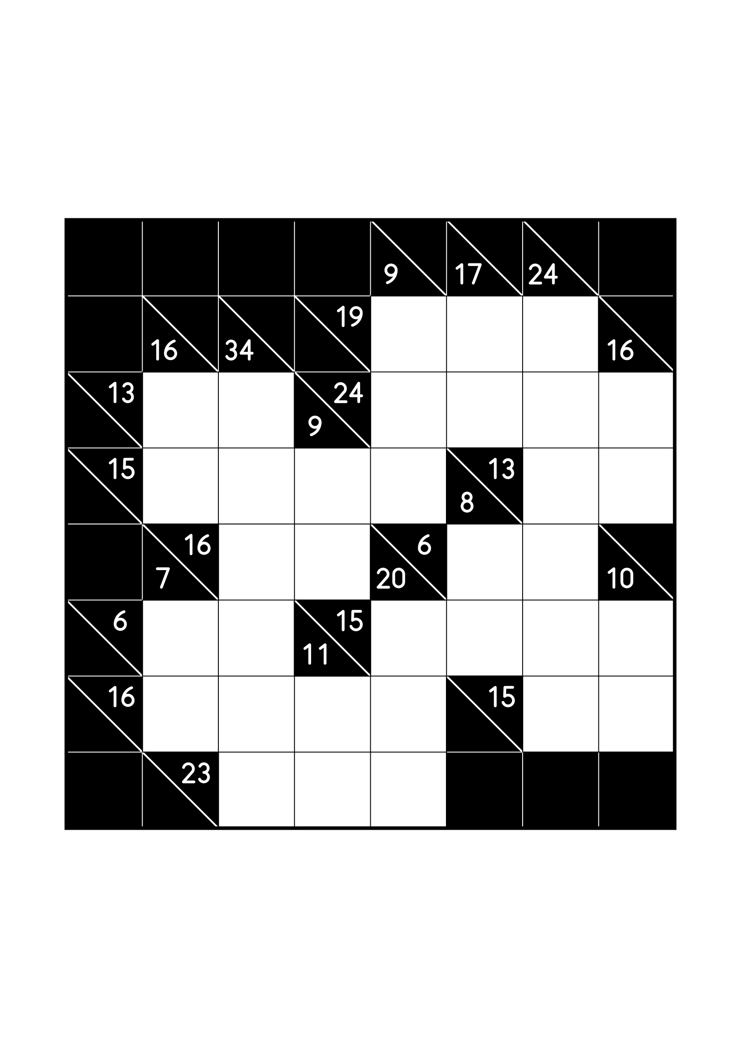 Hard 8x8 kakuro, where whole runs are tested against their cells, one large grid on the page. Level: Hard. Variant 3.