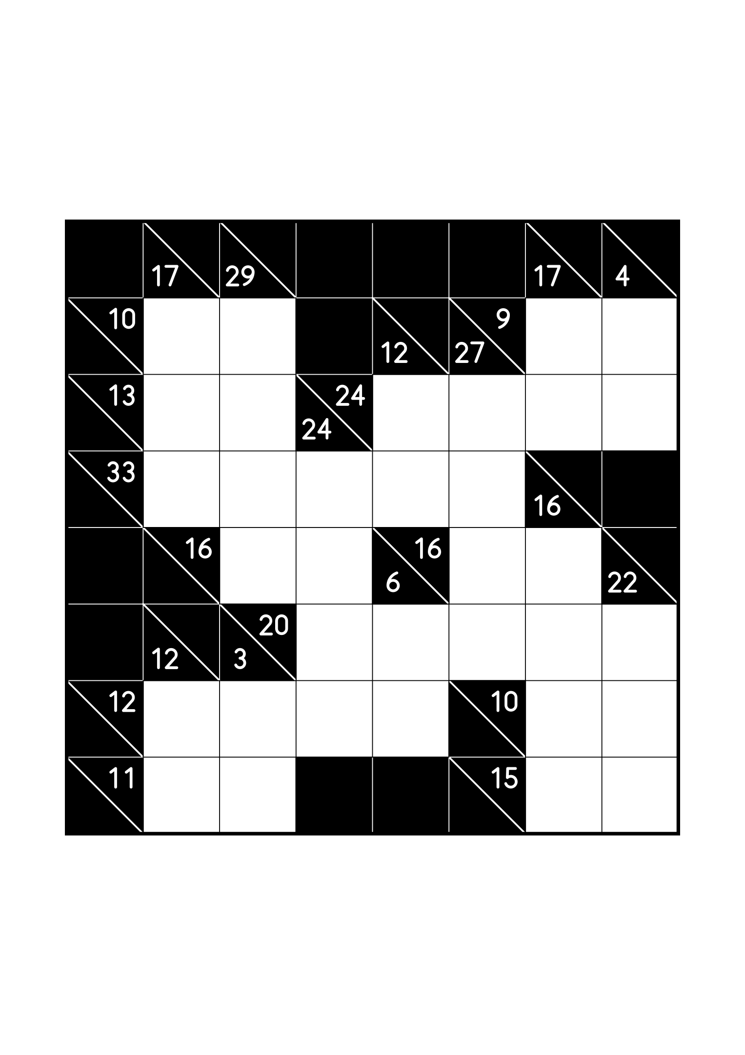 Hard 8x8 kakuro, where whole runs are tested against their cells, one large grid on the page. Level: Hard. Variant 5.