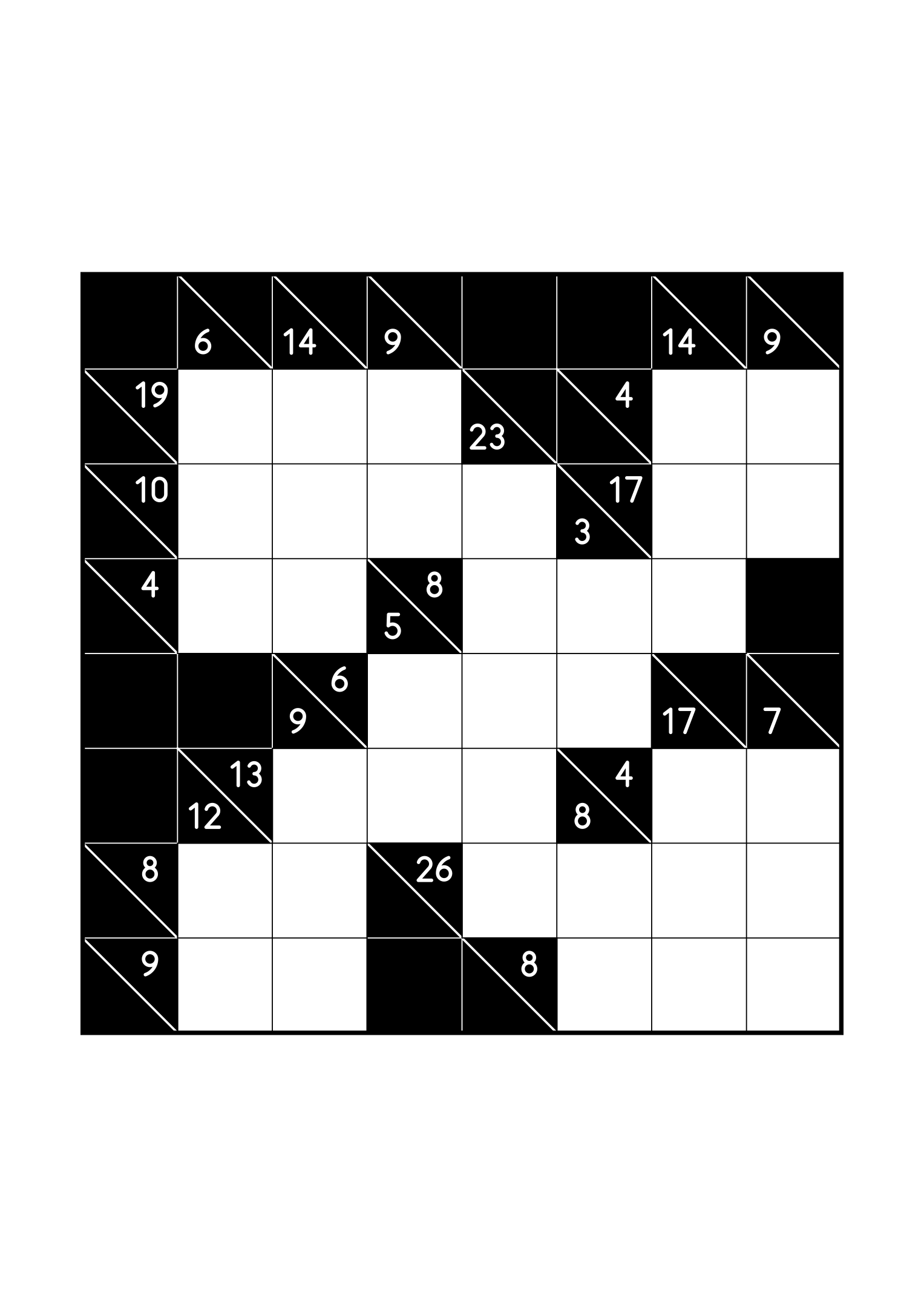 Hard 8x8 kakuro, where whole runs are tested against their cells, one large grid on the page. Level: Hard. Variant 6.