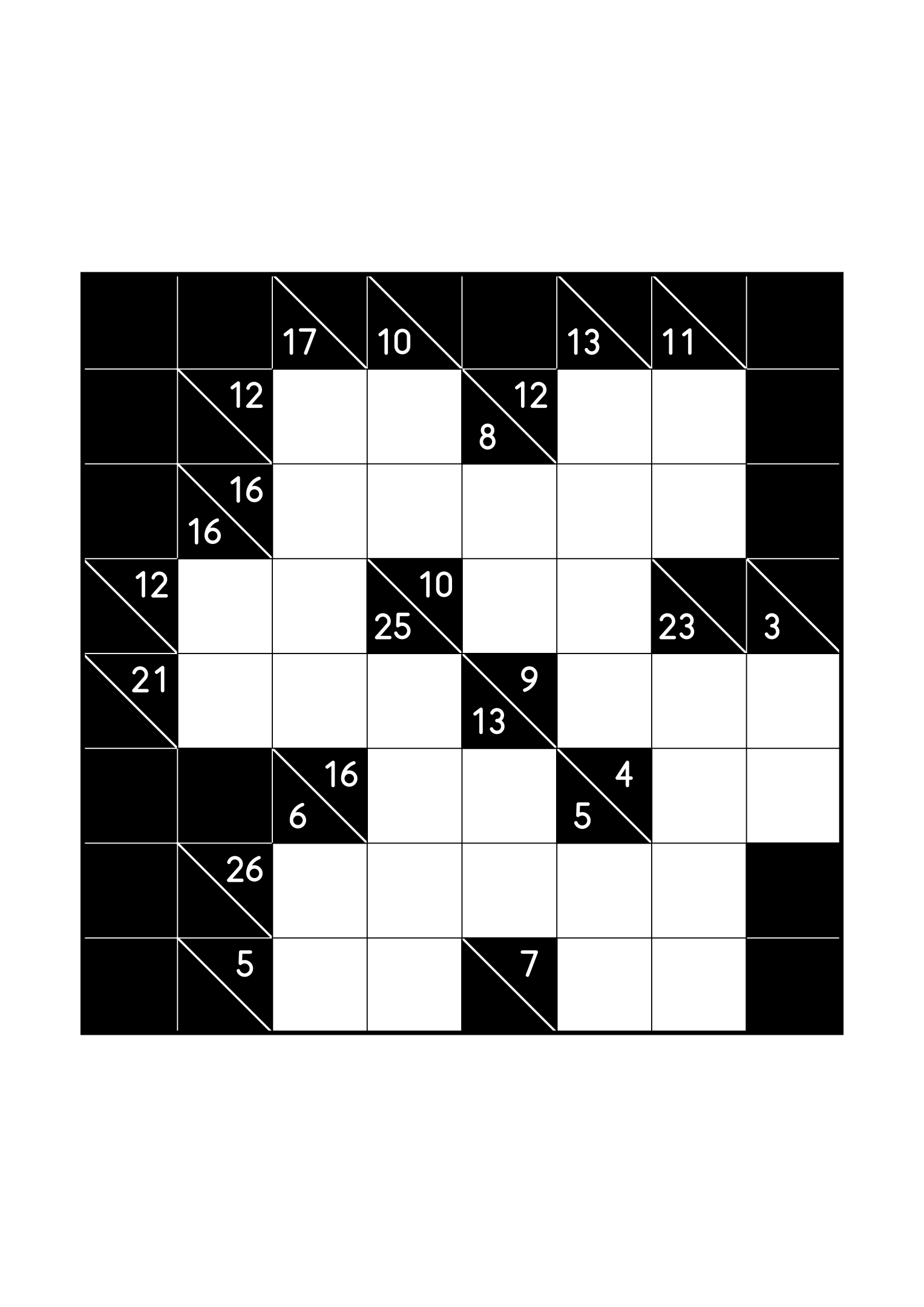 Hard 8x8 kakuro, where whole runs are tested against their cells, one large grid on the page. Level: Hard. Variant 7.