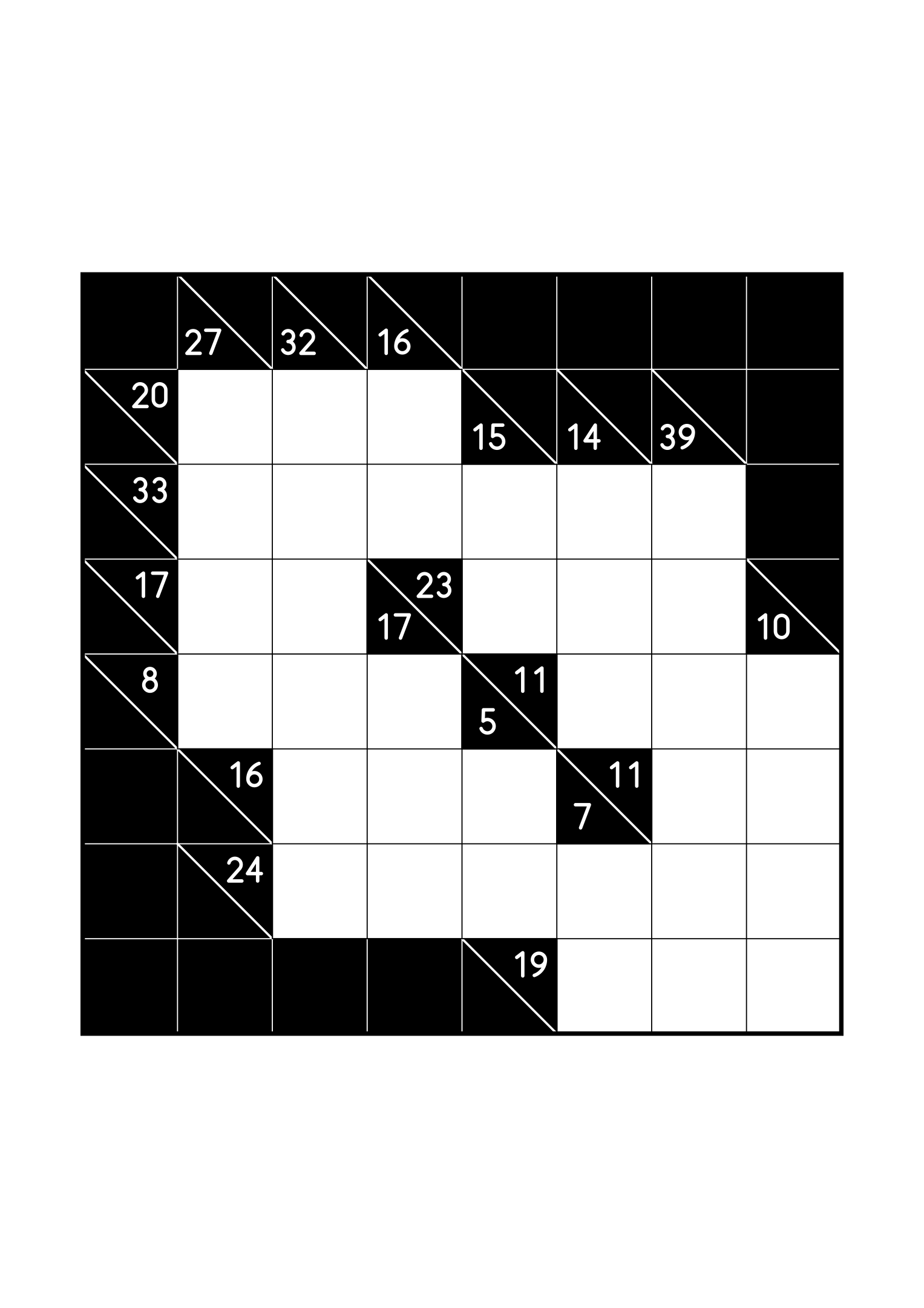 Hard 8x8 kakuro, where whole runs are tested against their cells, one large grid on the page. Level: Hard. Variant 8.