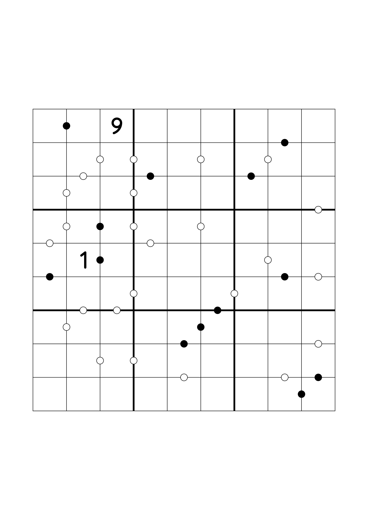 Hard 9x9 Kropki sudoku, usually down to one or two given digits. Variant 1.