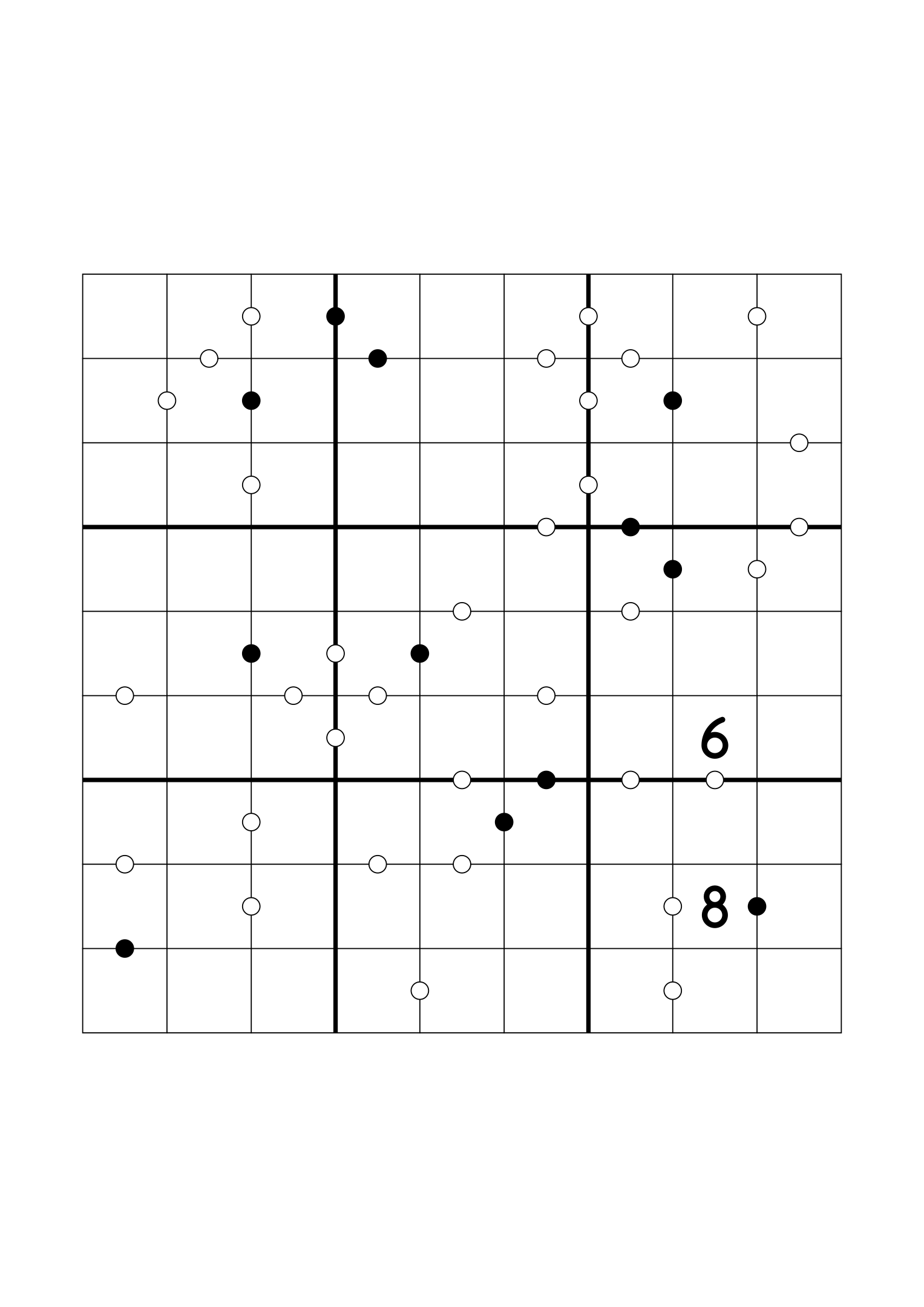 Hard 9x9 Kropki sudoku, usually down to one or two given digits. Variant 3.