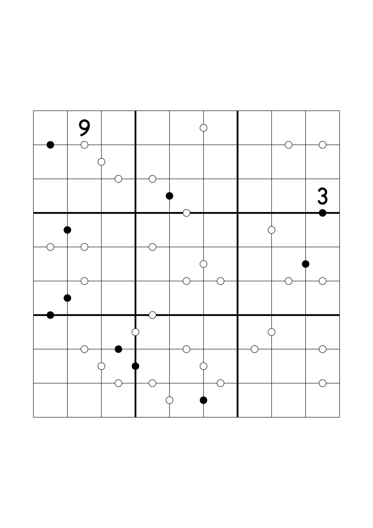 Hard 9x9 Kropki sudoku, usually down to one or two given digits. Variant 5.