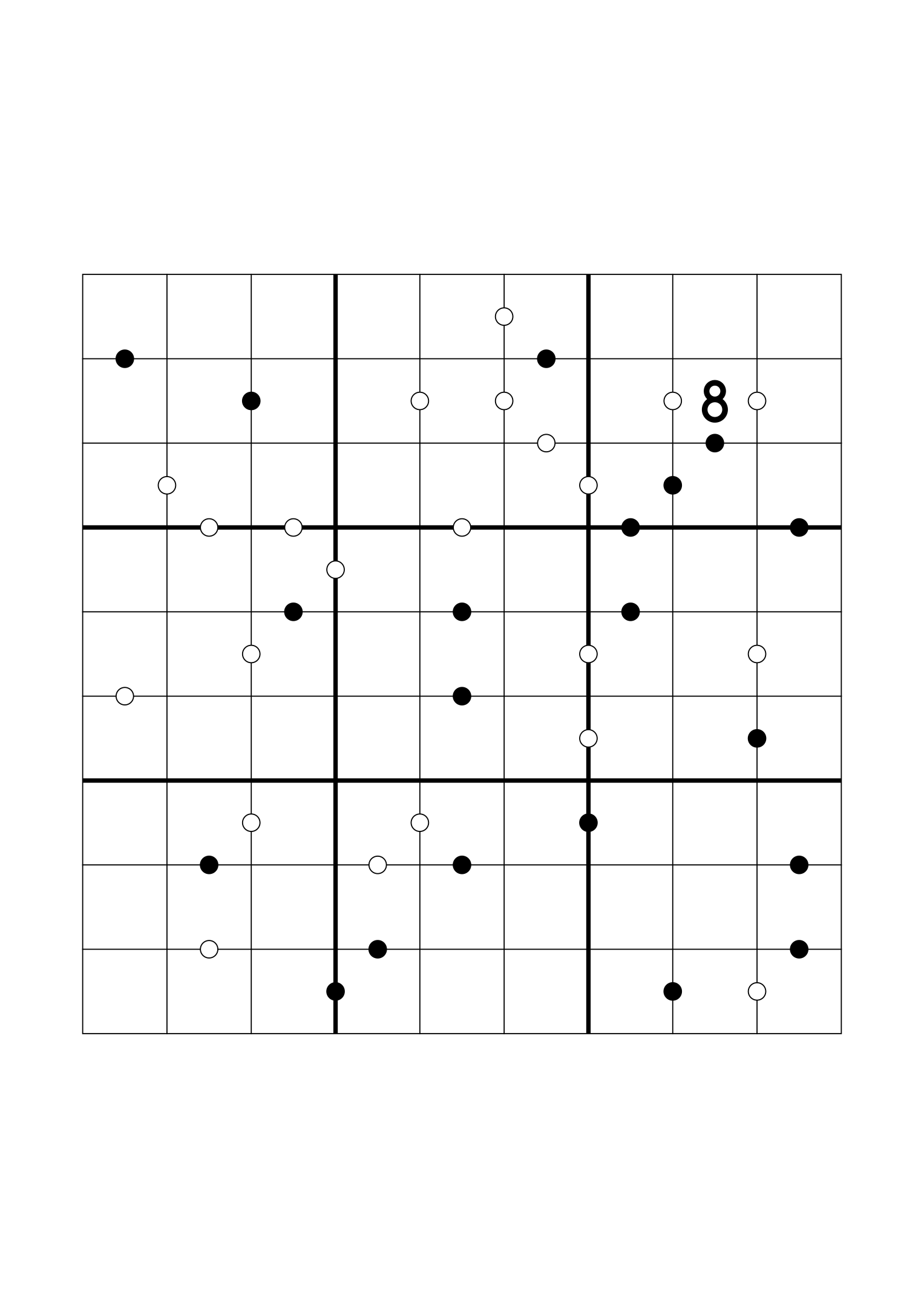 Hard 9x9 Kropki sudoku, usually down to one or two given digits. Variant 8.
