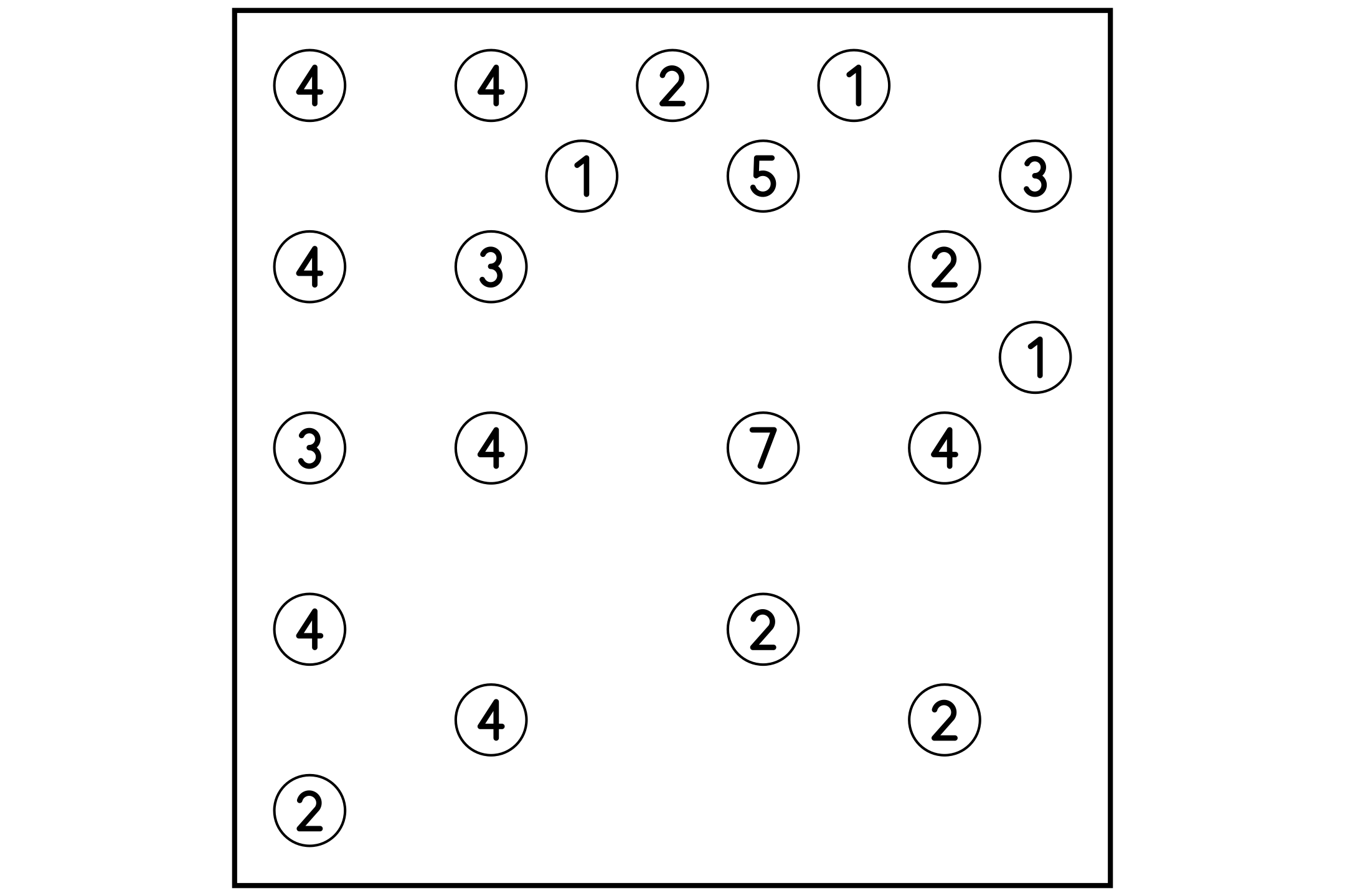 A hashi puzzle: numbered circles spread over a white page, waiting to be linked by bridges.