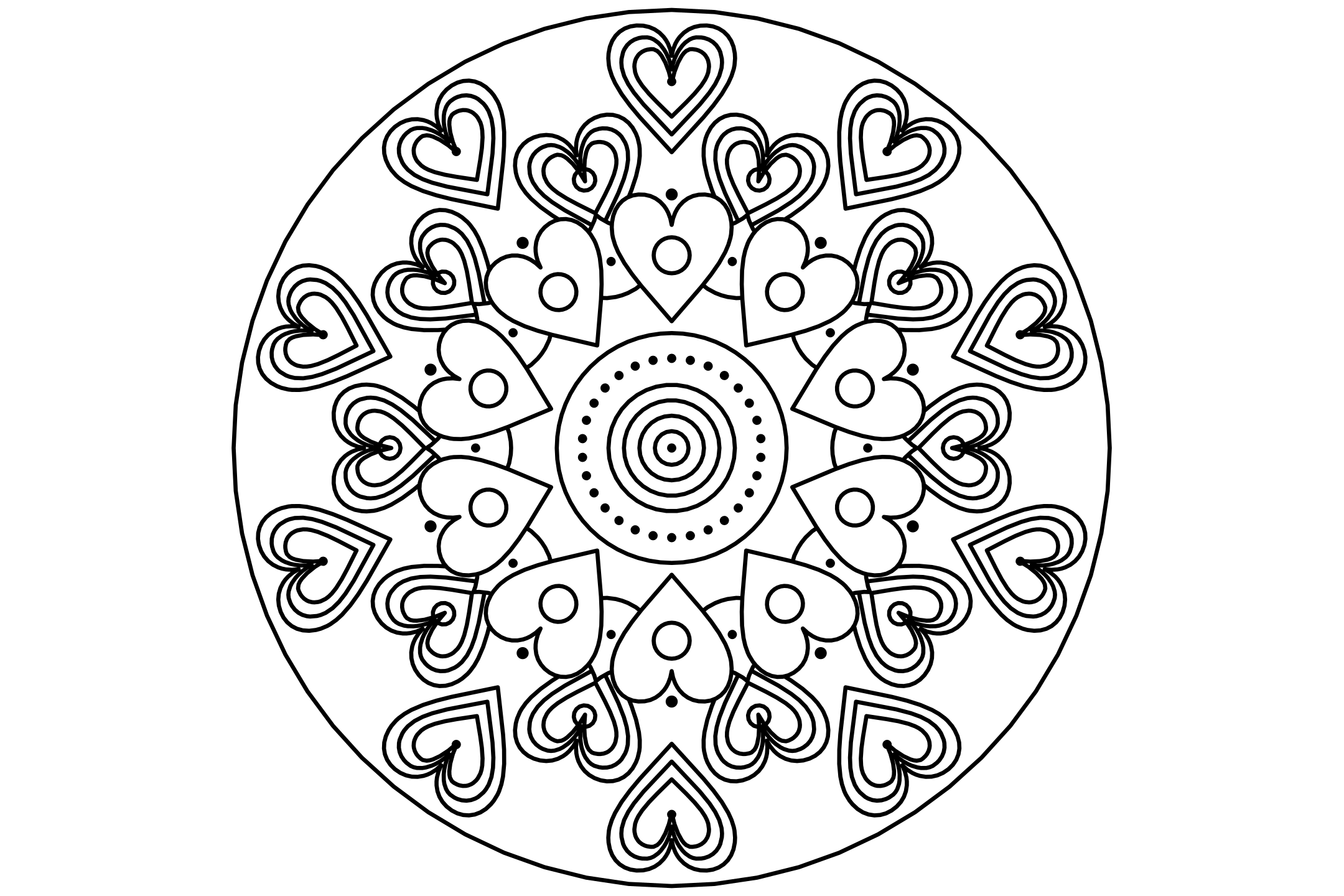 A rich heart mandala to color with ten hearts in three rings, circles in the hearts, around a star of thin petals, drawn with one thin line.