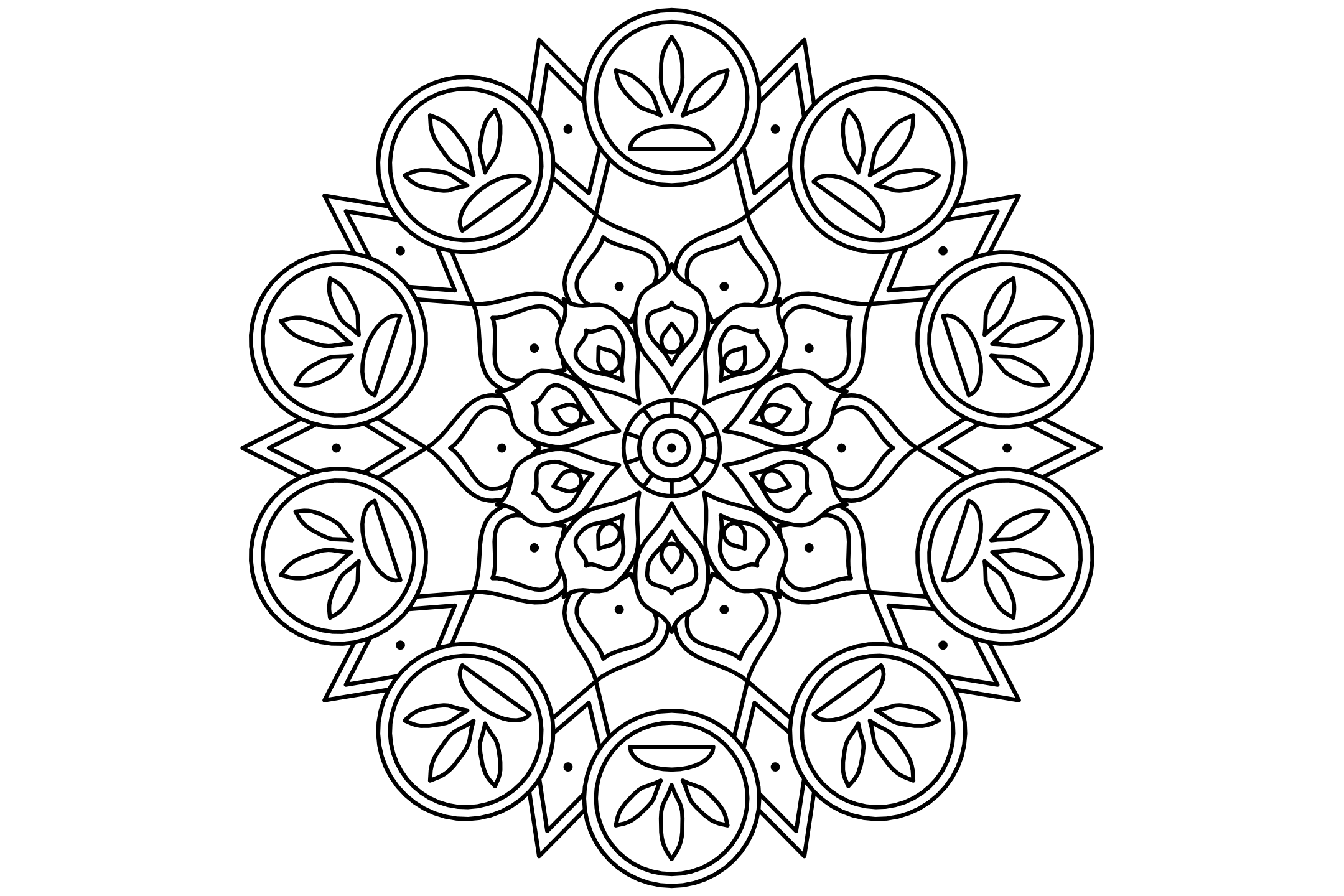 A rich henna mandala to color with ten petals: a lotus in a beaded disc, rosettes with fans of teardrops and leaves with chains of dots, drawn with one thin line.