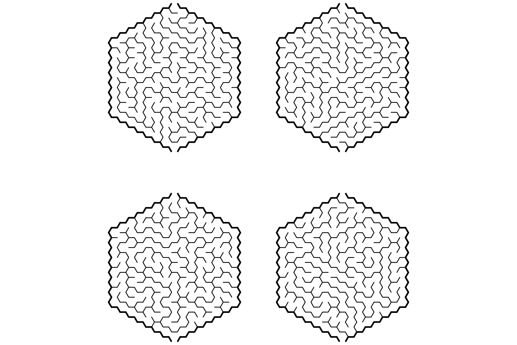 Four hexagonal mazes in black and white on one page, made of honeycomb cells.