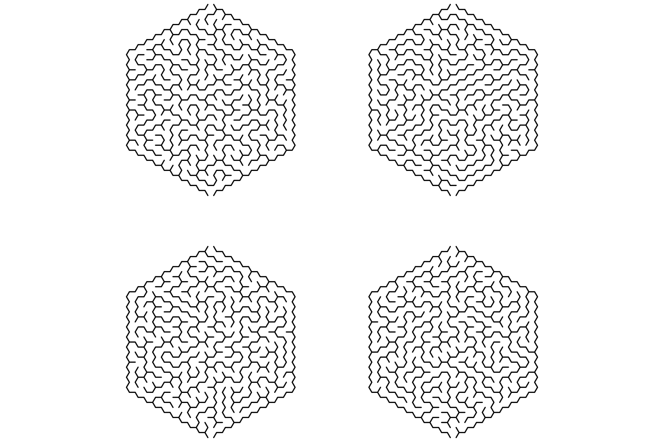 Four hexagonal mazes in black and white on one page, made of honeycomb cells.