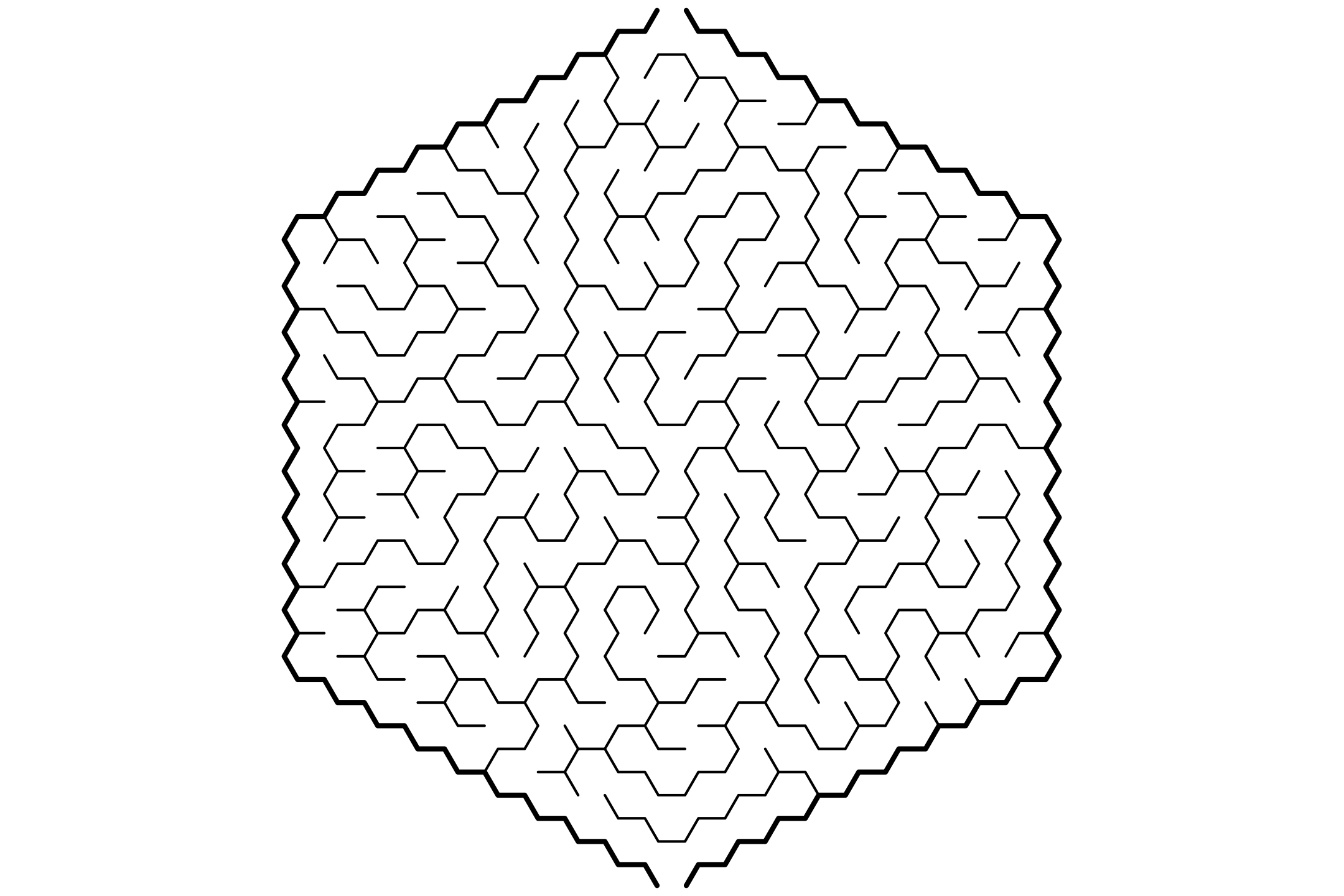 A hexagonal maze in black and white, made of honeycomb cells inside a large hexagon.