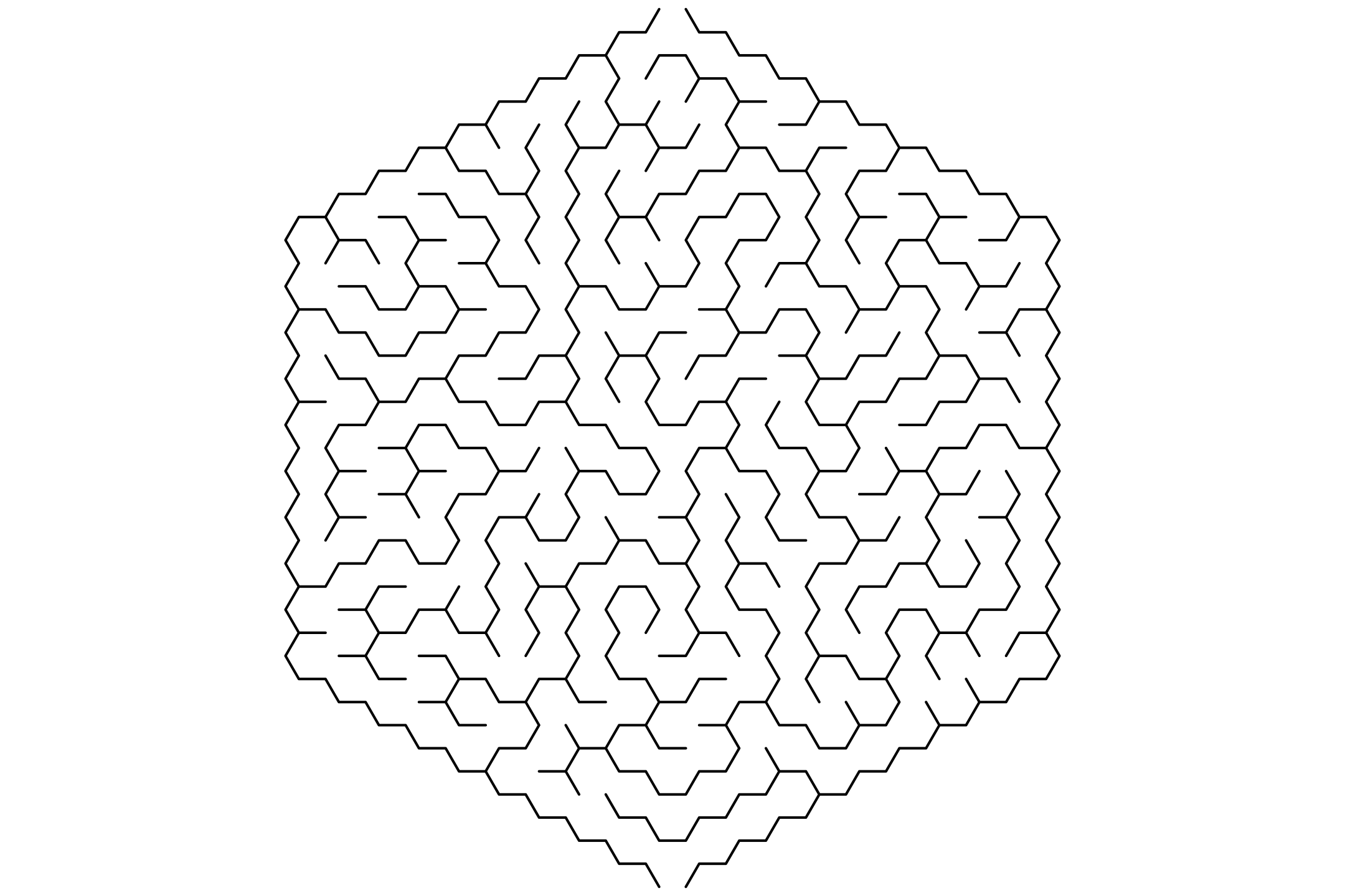 A hexagonal maze in black and white, made of honeycomb cells inside a large hexagon.