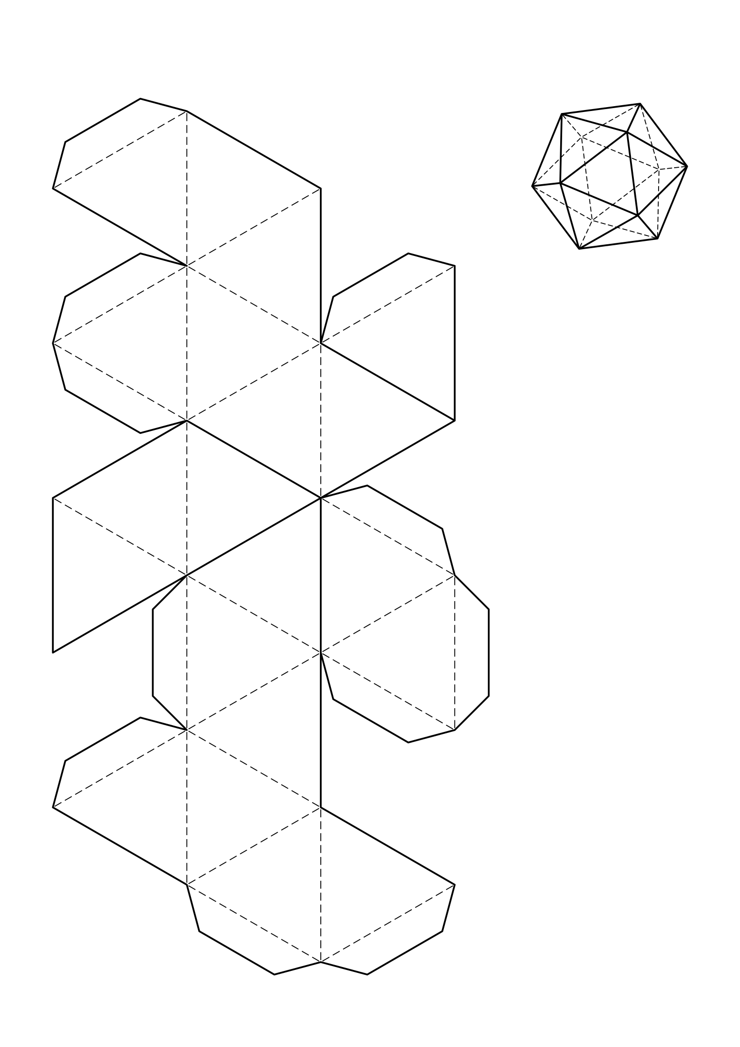Icosahedron net: twenty triangles, five meeting at each of its twelve corners.
