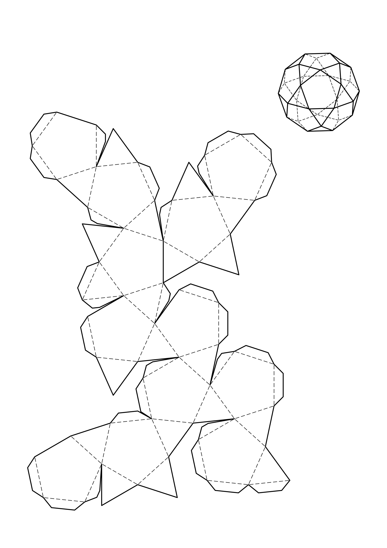 Icosidodecahedron net: twenty triangles and twelve pentagons, alternating around every corner.