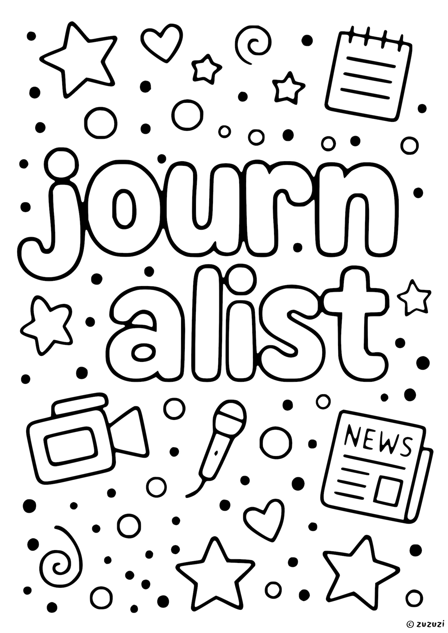 Coloring page with the word 'Journalist' in playful bubble letters, surrounded by a camera, microphone, notepad, newspaper, stars, hearts, and swirls.