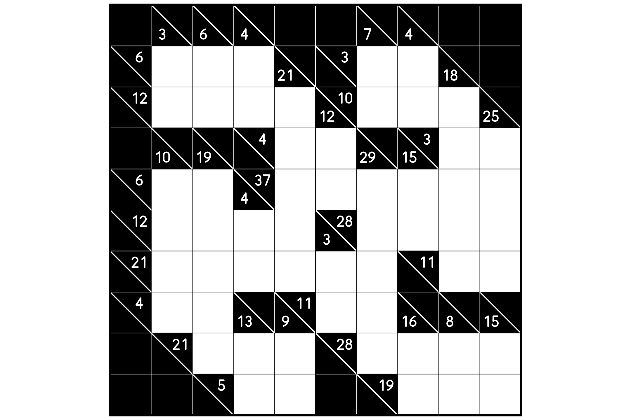 A kakuro grid with black clue cells cut by white diagonals and empty white cells, in black on white.