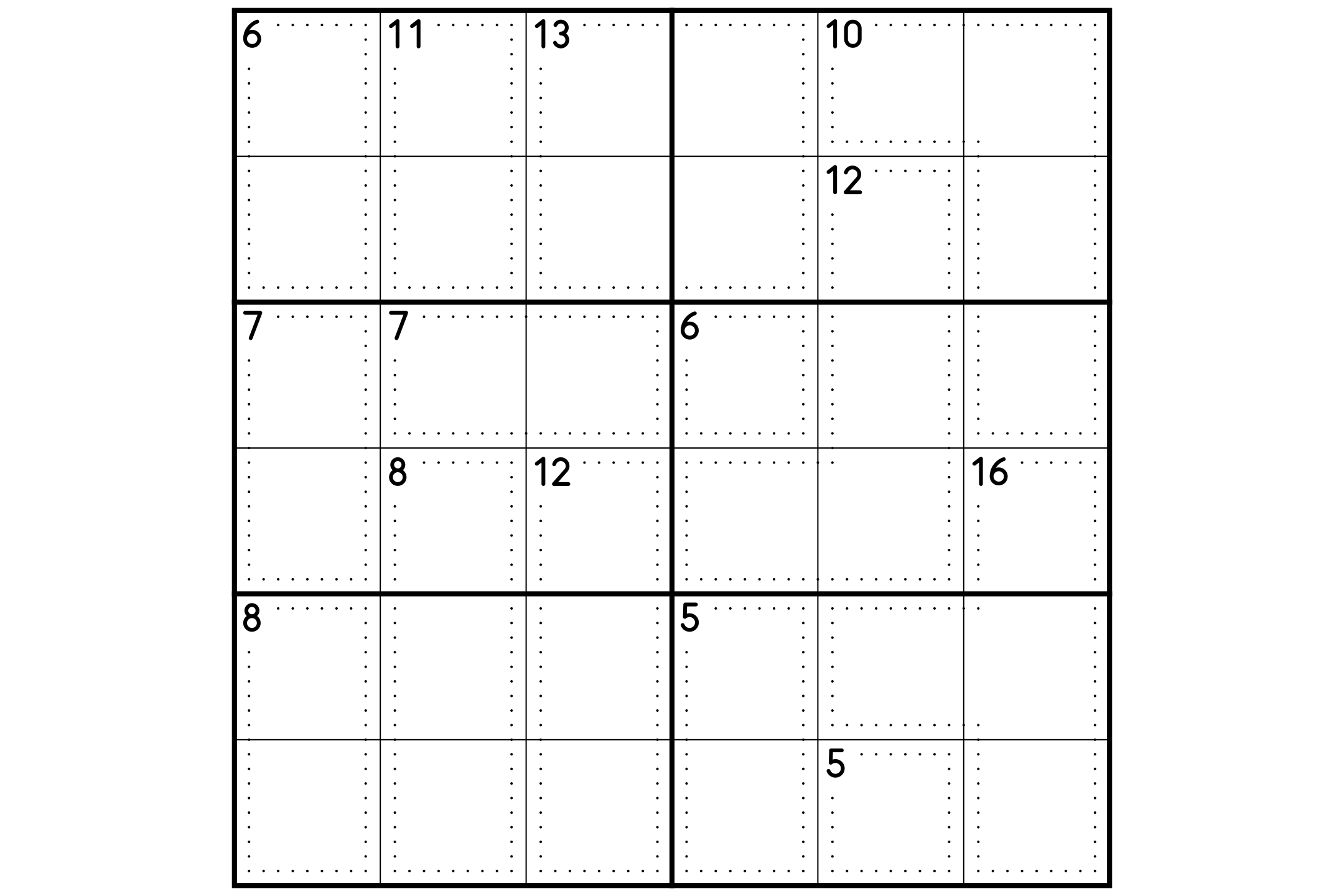A 6x6 killer sudoku grid with dotted cages and their sums, printed in black and white.