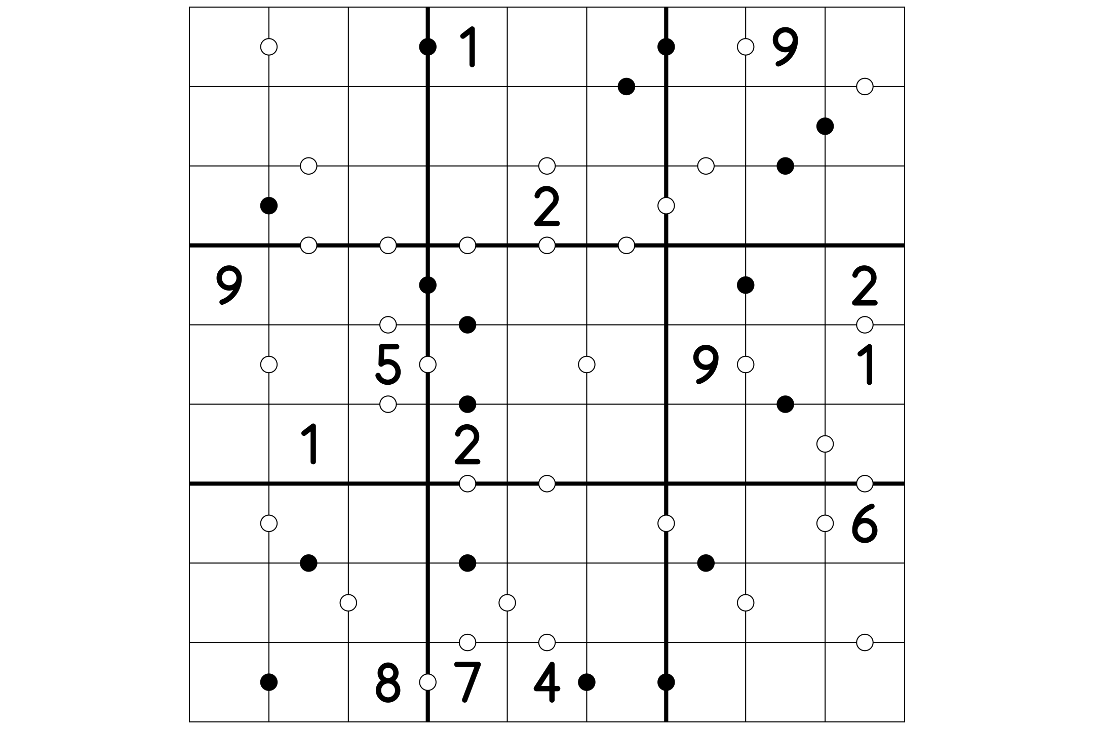 A 9x9 Kropki puzzle, a sudoku grid whose borders carry white or black dots, with a handful of given digits.