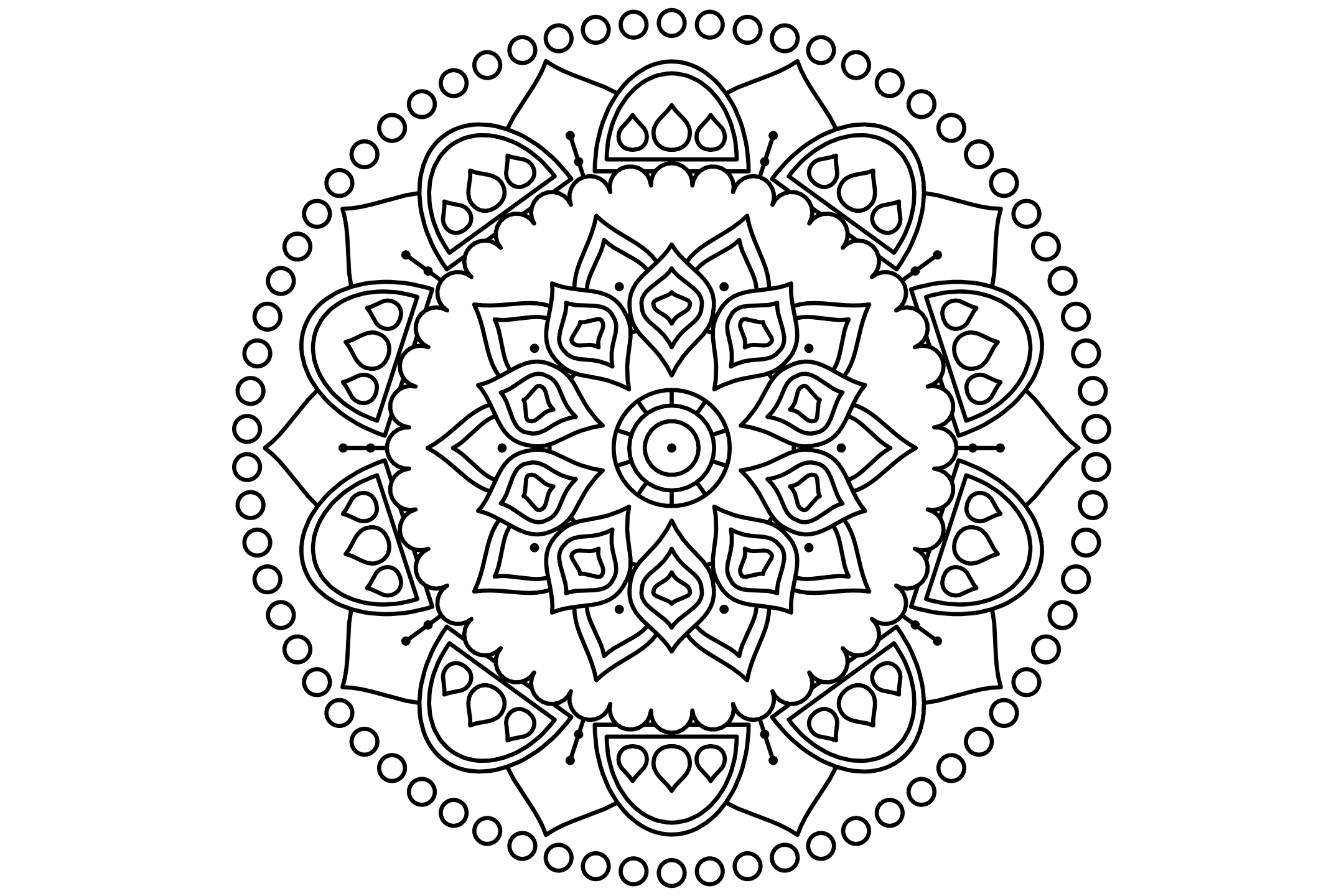 A rich lace mandala to color with ten points: arches on the heart, petals with double echoes, a scalloped plate and lobes with fans of teardrops, drawn with one thin line.