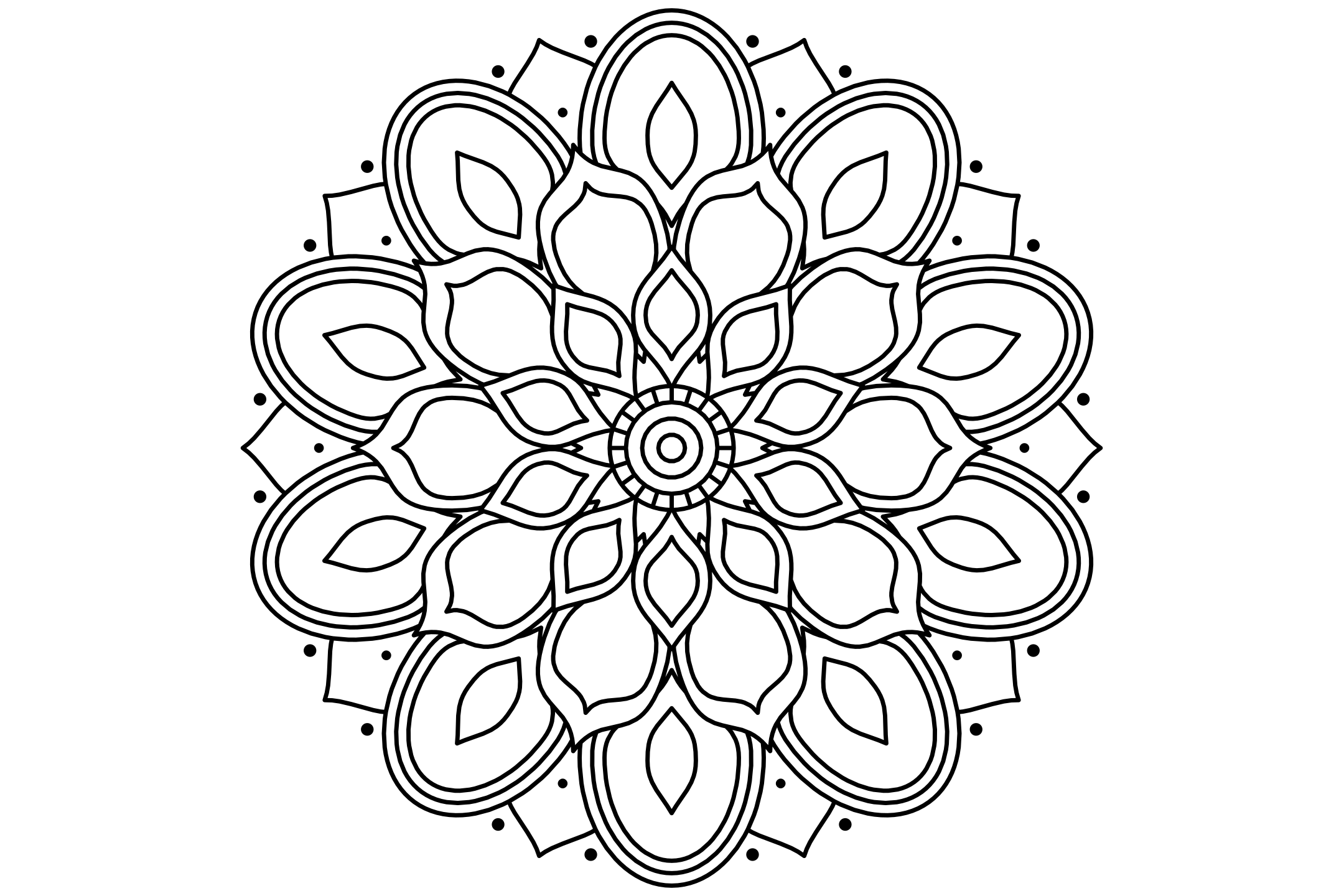 A rich lotus mandala to color with ten petals in four rings, each petal with an echo inside, drawn with one thin line.