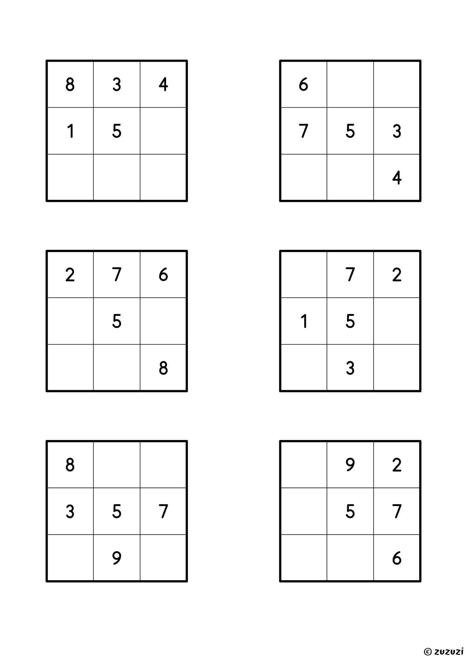 Worksheet with six 3x3 magic squares using the numbers 1 to 9, each used once, each with one complete line and empty cells to fill so that every row, column, and diagonal has the same sum.