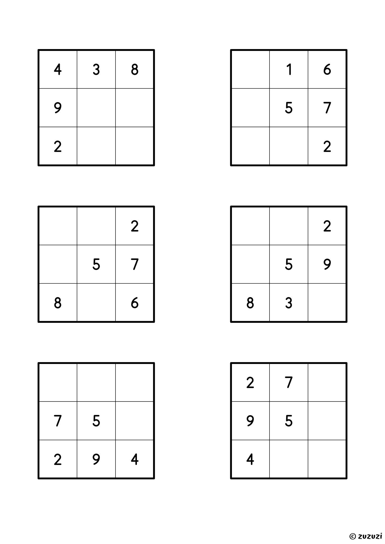 Worksheet with six 3x3 magic squares using the numbers 1 to 9, each used once, each with one complete line and empty cells to fill so that every row, column, and diagonal has the same sum.