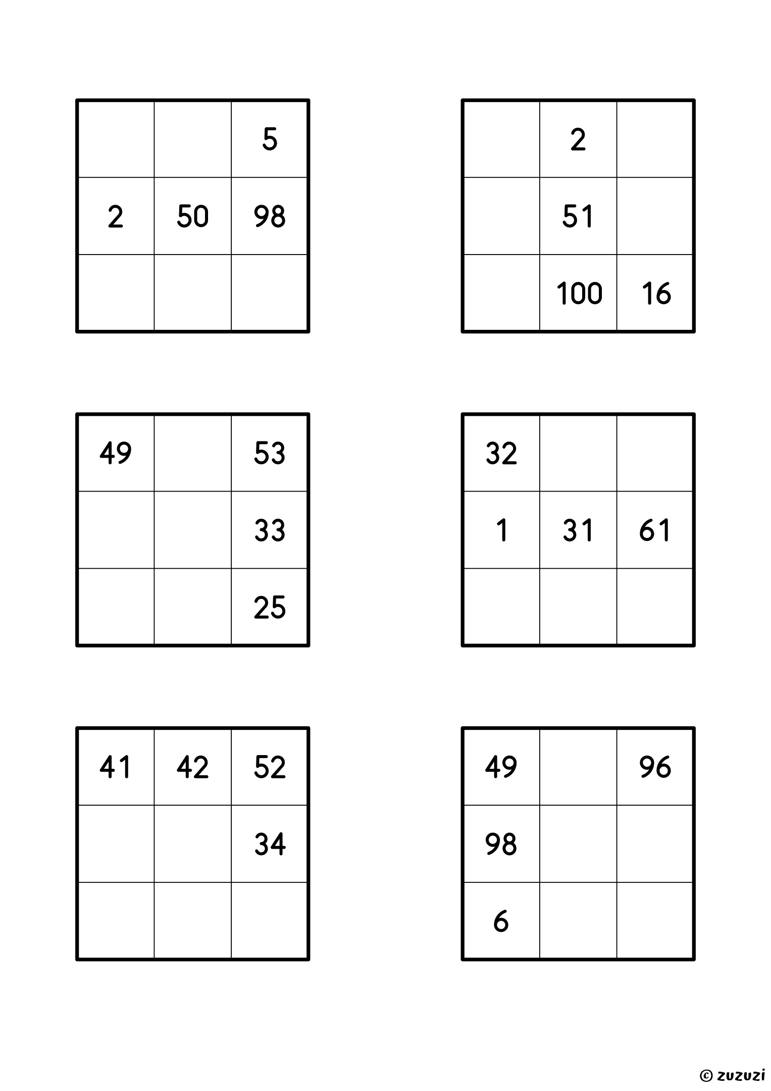 Worksheet with six 3x3 magic squares using numbers up to 100, each with one complete line and empty cells to fill so that every row, column, and diagonal has the same sum.