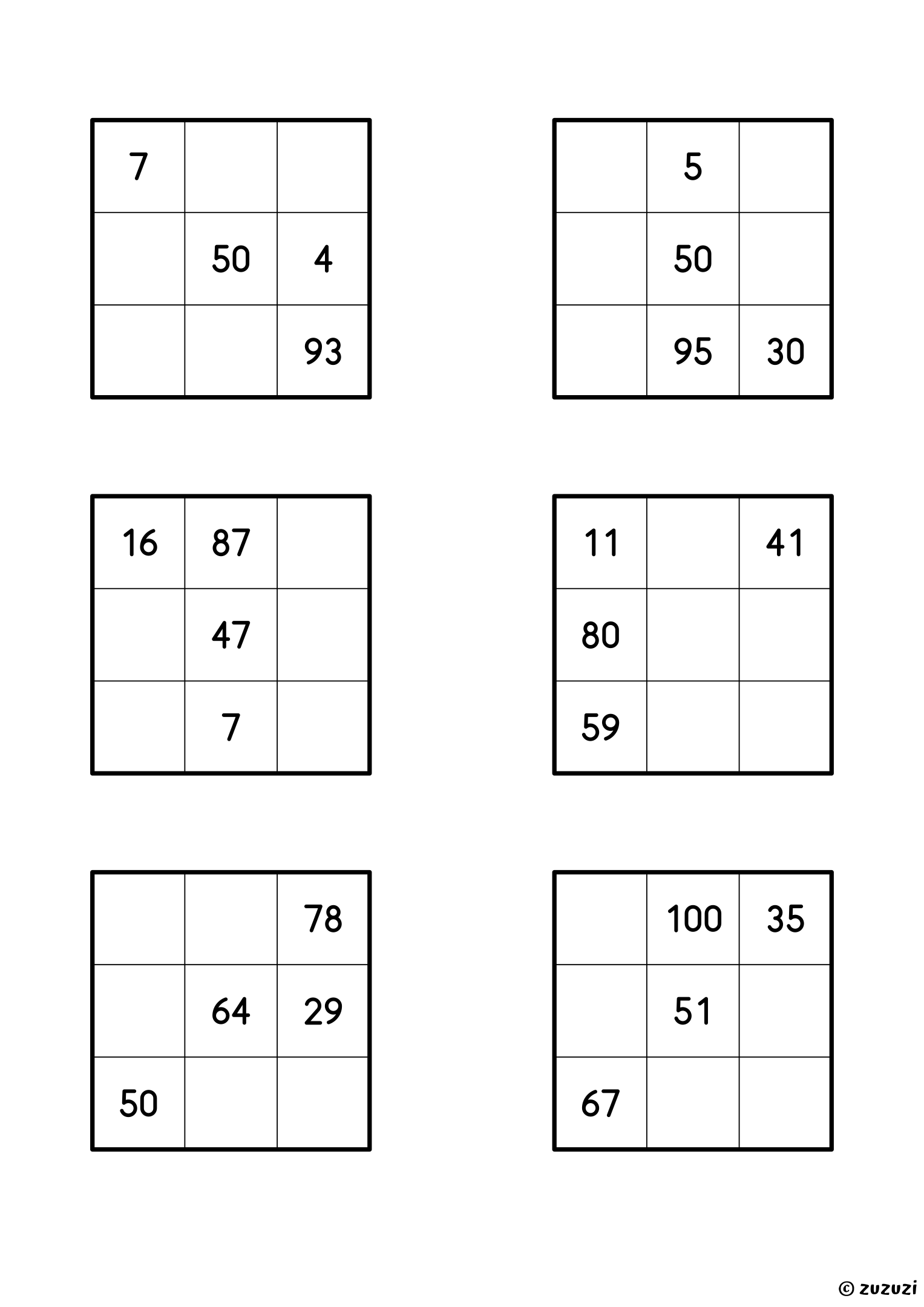 Worksheet with six 3x3 magic squares using numbers up to 100, each with one complete line and empty cells to fill so that every row, column, and diagonal has the same sum.