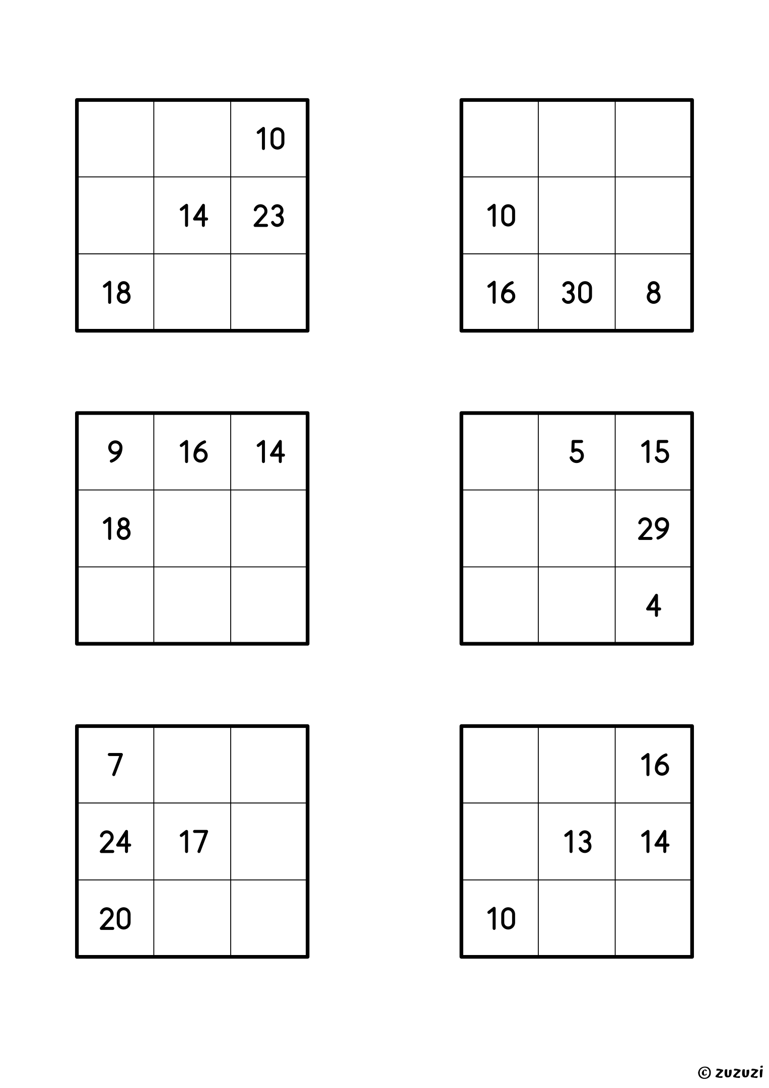 Worksheet with six 3x3 magic squares using numbers up to 30, each with one complete line and empty cells to fill so that every row, column, and diagonal has the same sum.