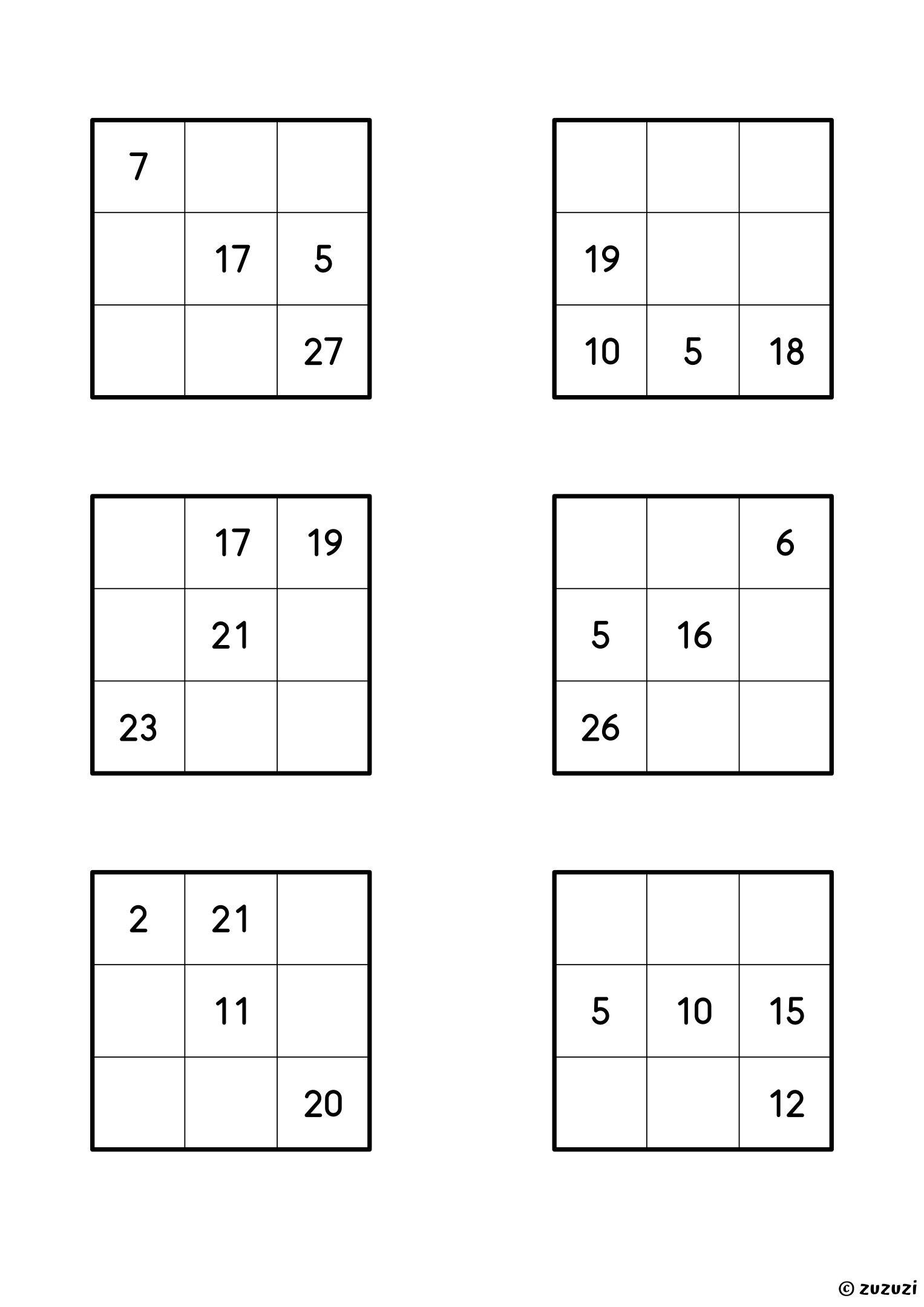 Worksheet with six 3x3 magic squares using numbers up to 30, each with one complete line and empty cells to fill so that every row, column, and diagonal has the same sum.