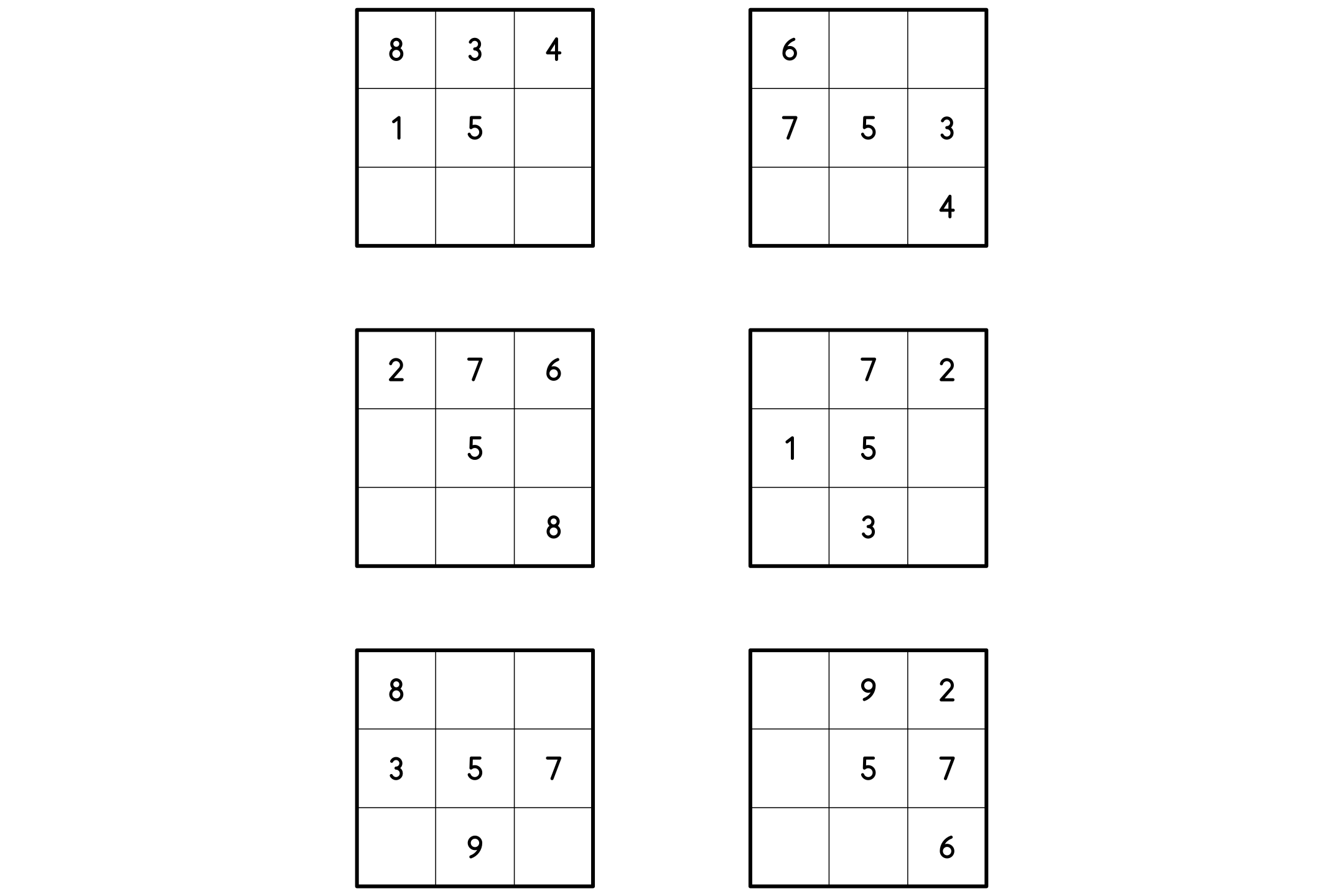 A magic square worksheet with 3x3 grids of numbers and empty cells, in black and white.
