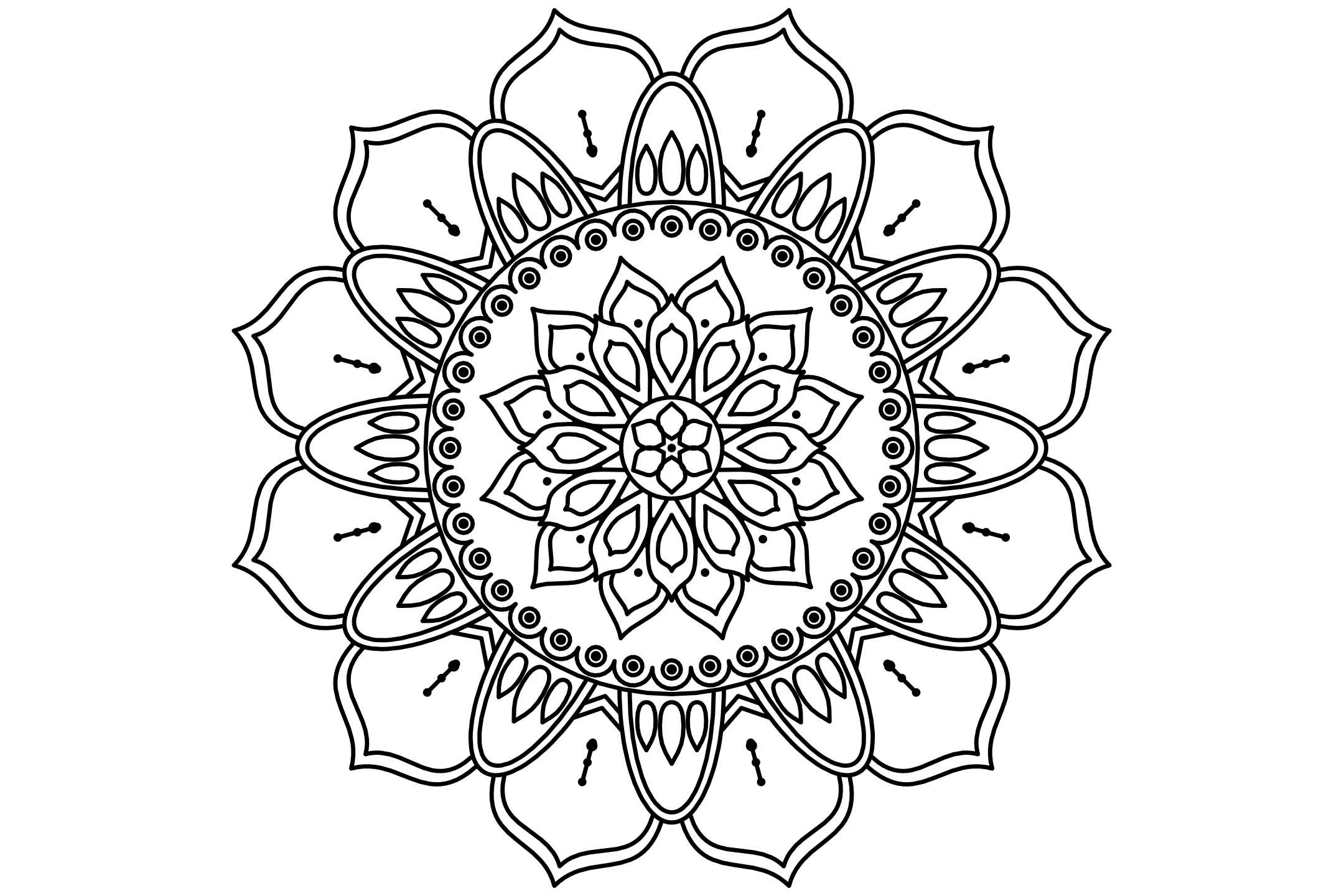 A henna mandala to color with twelve petals: rosettes with fans of teardrops around a disc set with beads, drawn with one thin line.