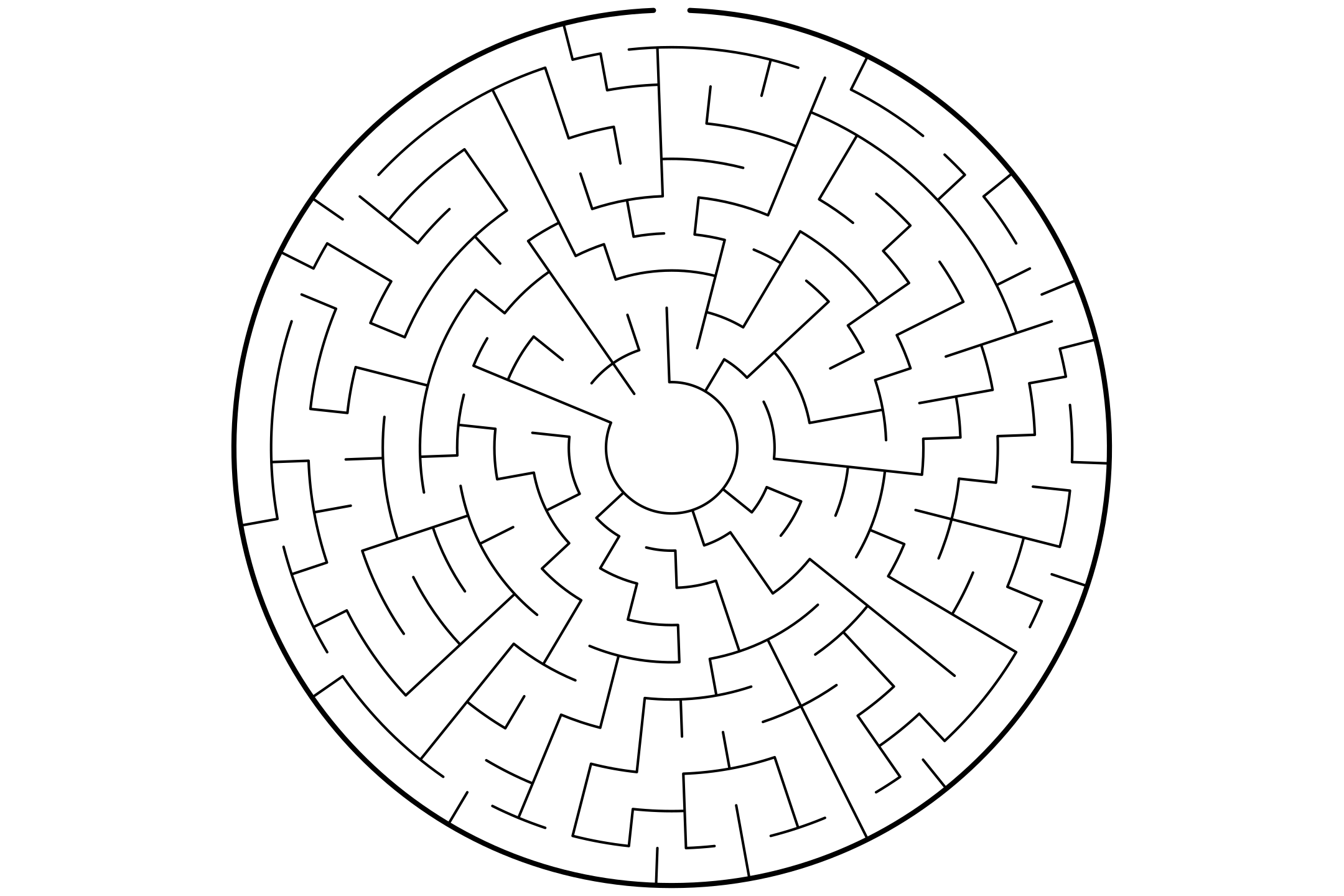A round maze of narrow rings around a central circle, entered through a gap at the top of the rim, in black on white.