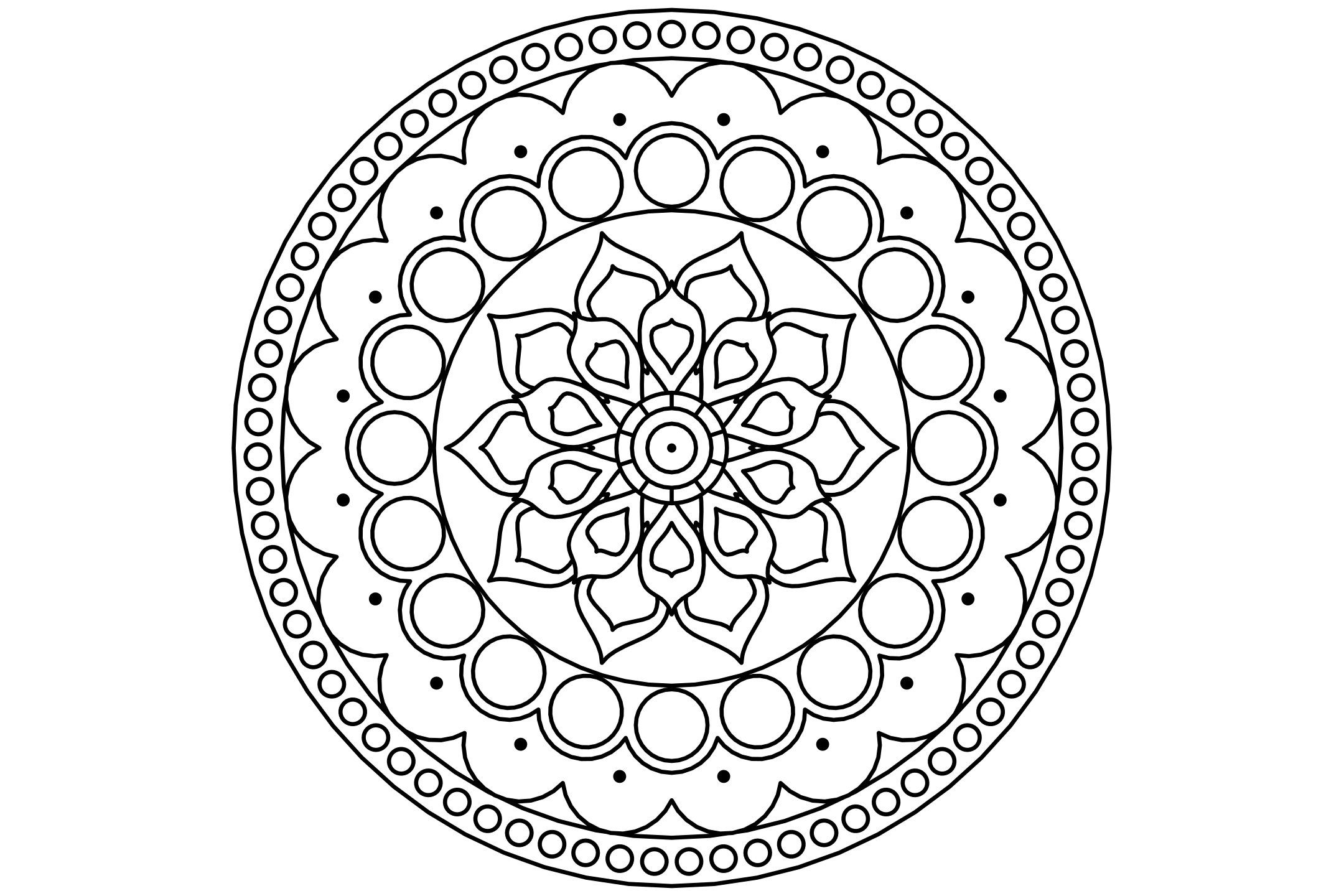 A rich medallion mandala to color with ten petals: a lotus in a circle, a band of arches with fans and a beaded frame, drawn with one thin line.
