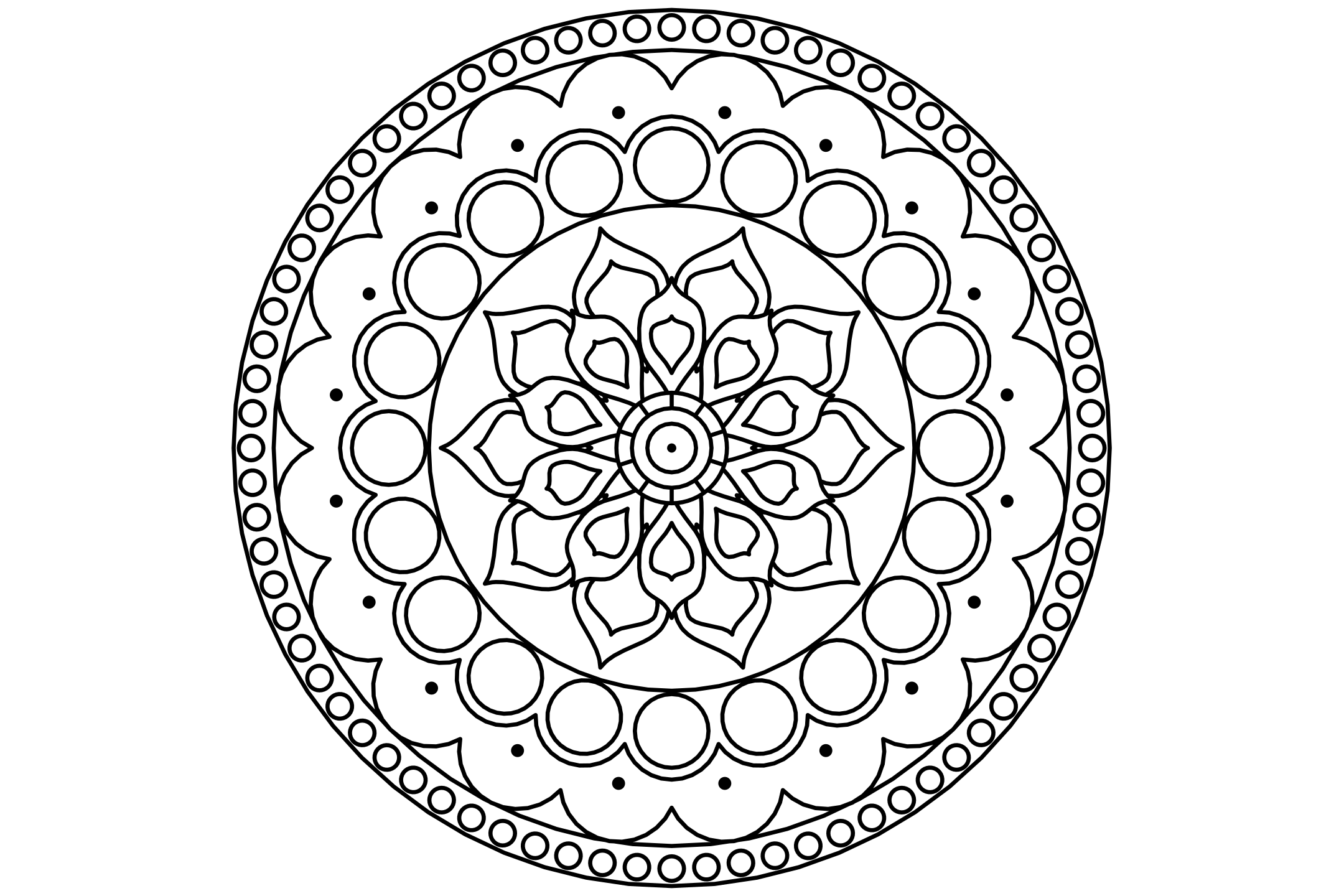 A rich medallion mandala to color with ten petals: a lotus in a circle, a band of arches with fans and a beaded frame, drawn with one thin line.