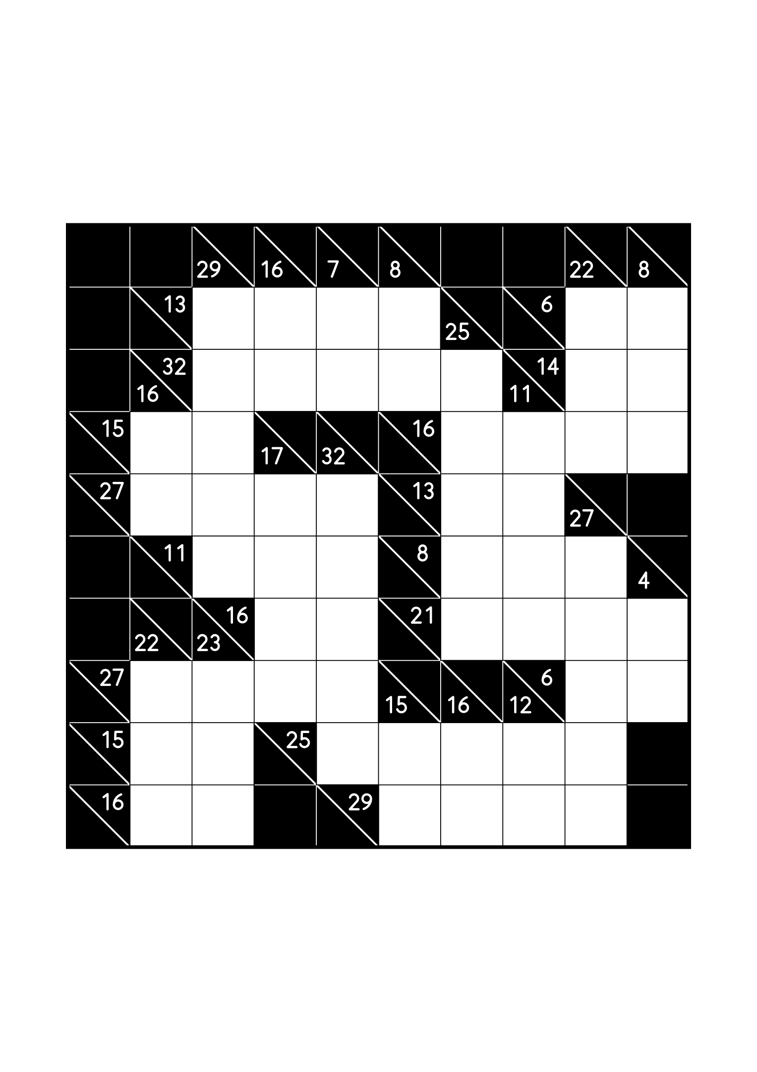 Medium 10x10 kakuro, where the digits of each combination must find their cells, one large grid on the page. Level: Medium. Variant 3.