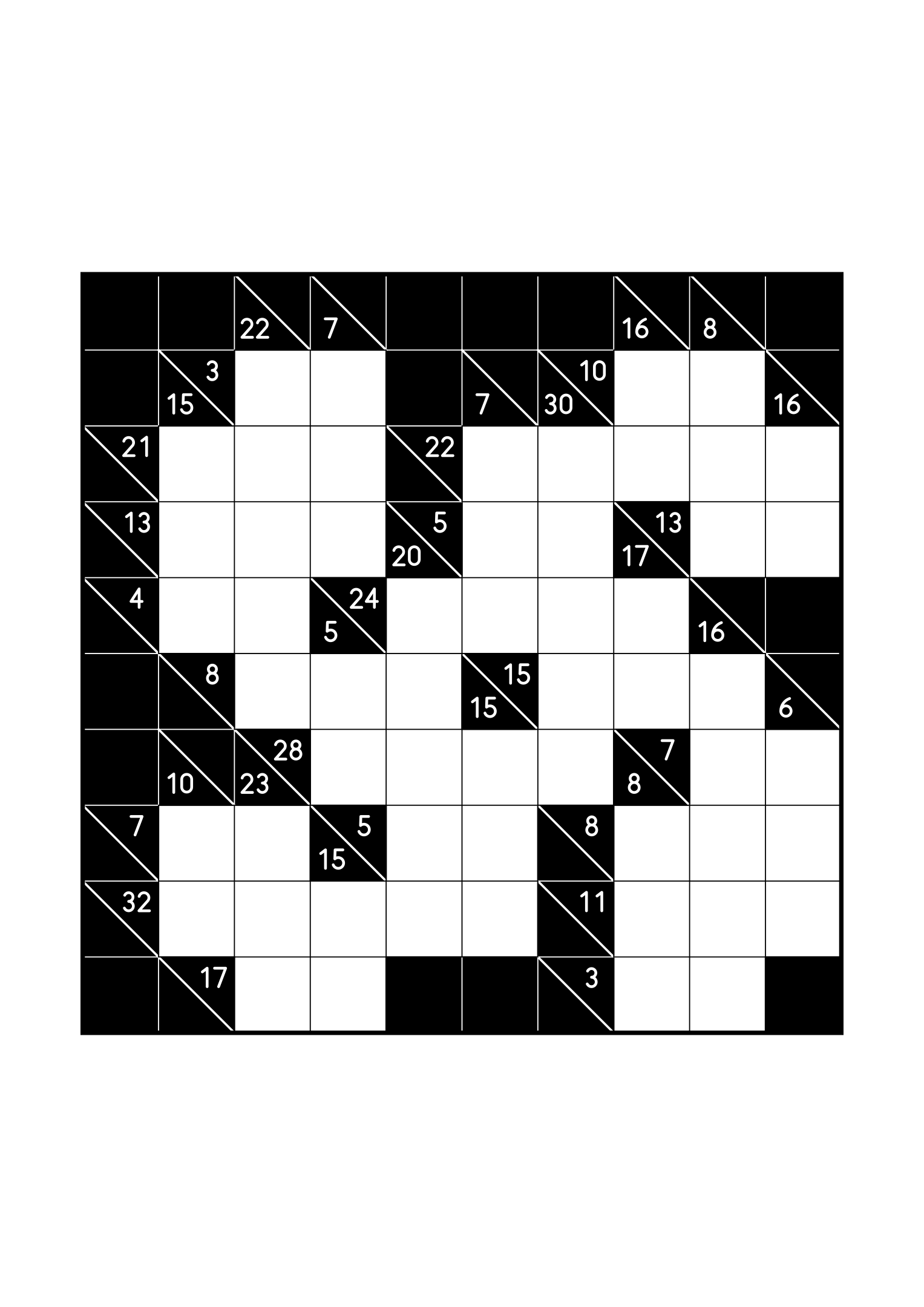 Medium 10x10 kakuro, where the digits of each combination must find their cells, one large grid on the page. Level: Medium. Variant 6.