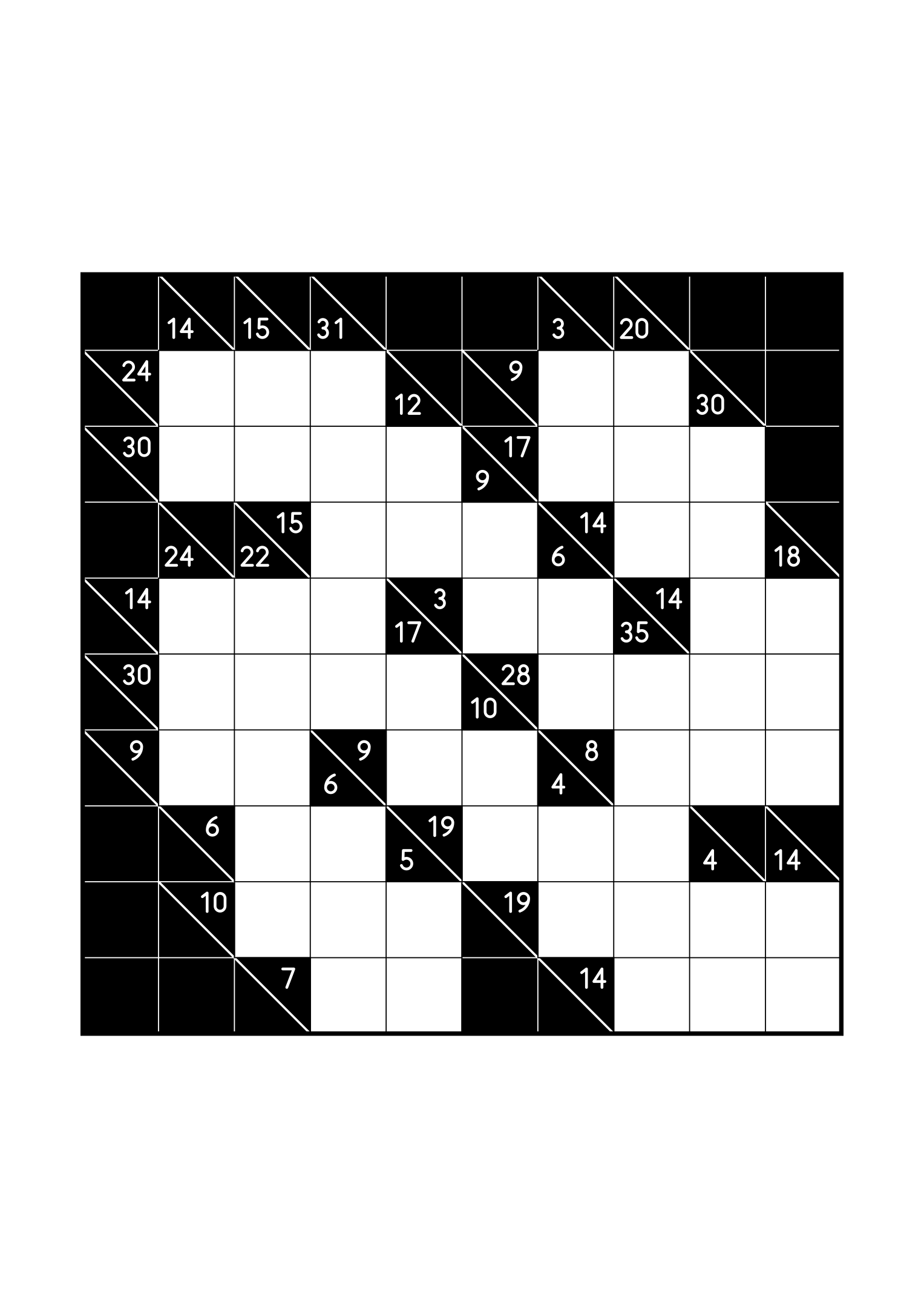 Medium 10x10 kakuro, where the digits of each combination must find their cells, one large grid on the page. Level: Medium. Variant 8.