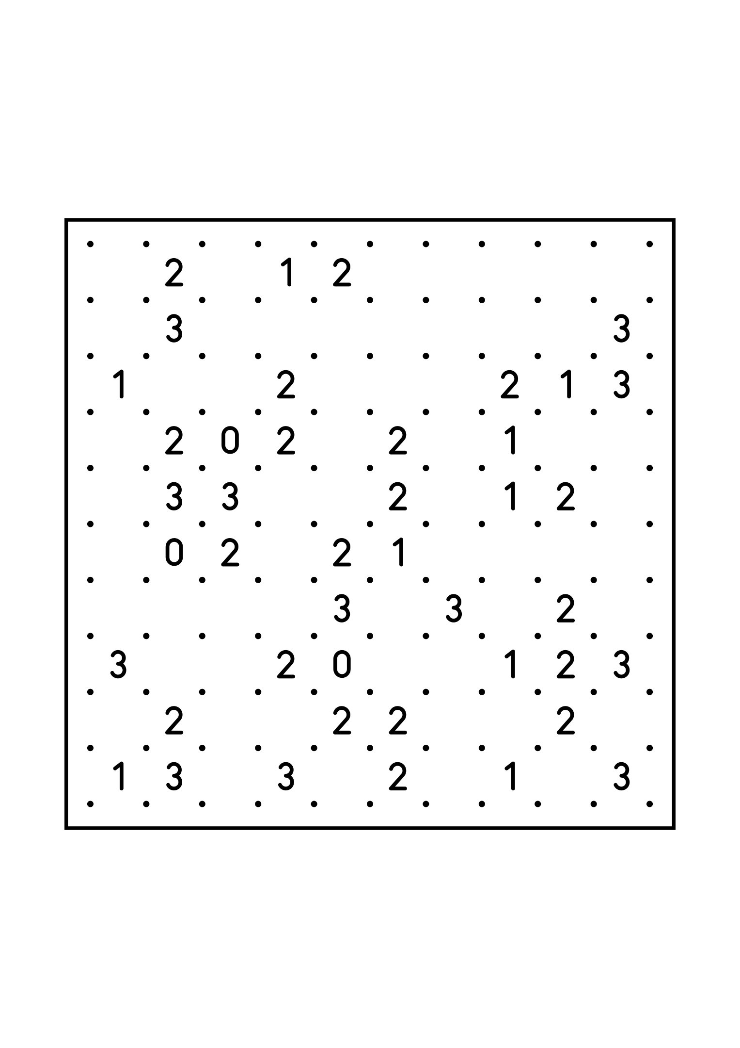 Medium 10x10 slitherlink, where each number is read with its four corners, one large grid on the page. Level: Medium. Variant 1.