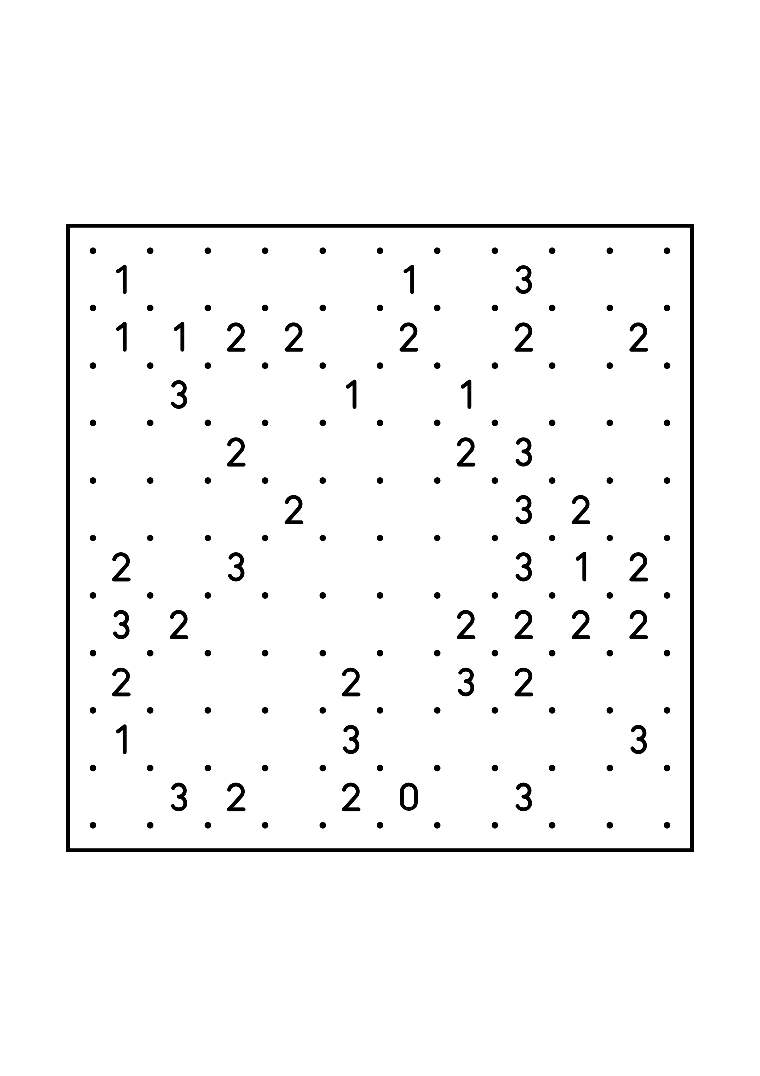 Medium 10x10 slitherlink, where each number is read with its four corners, one large grid on the page. Level: Medium. Variant 2.