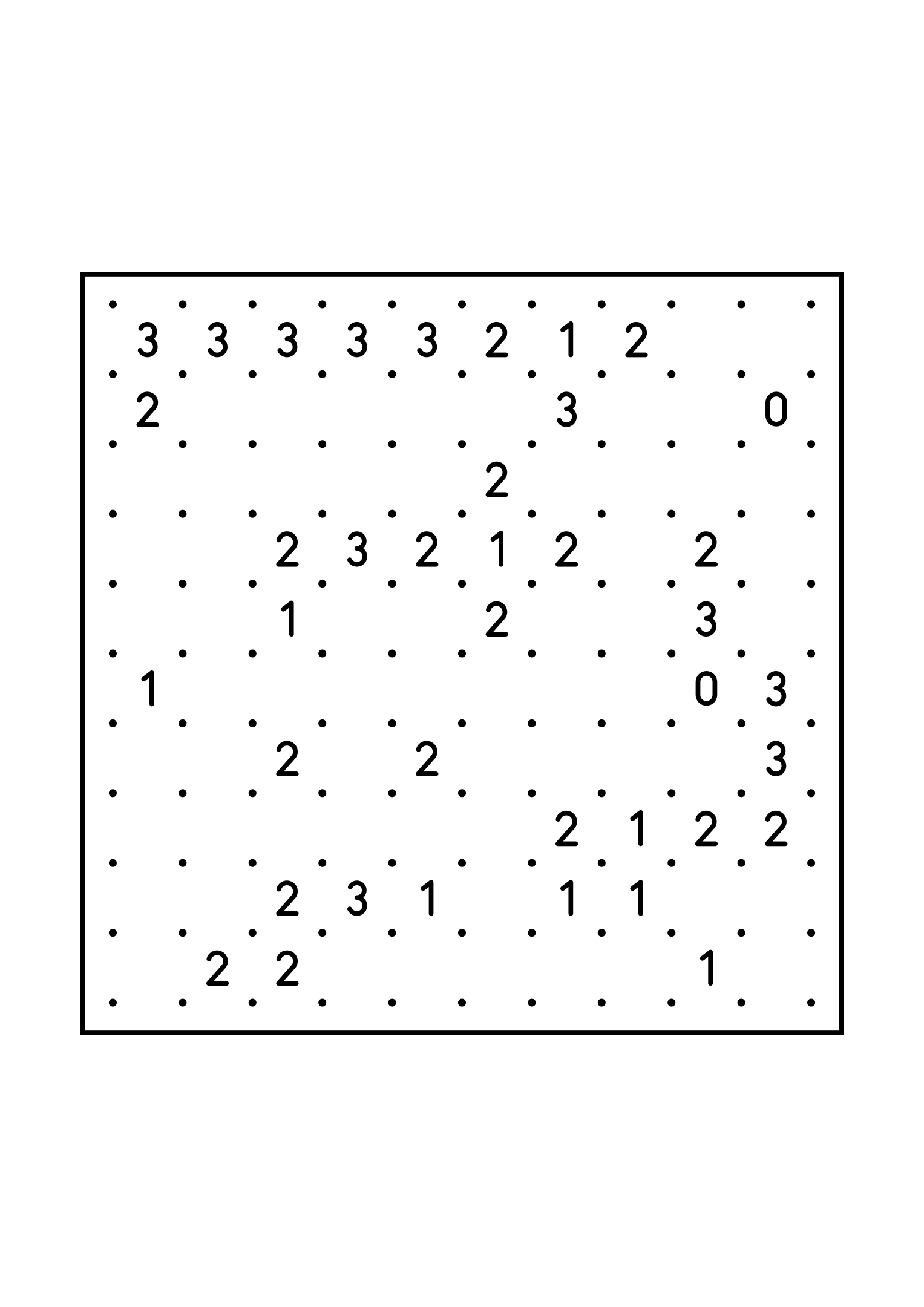 Medium 10x10 slitherlink, where each number is read with its four corners, one large grid on the page. Level: Medium. Variant 3.