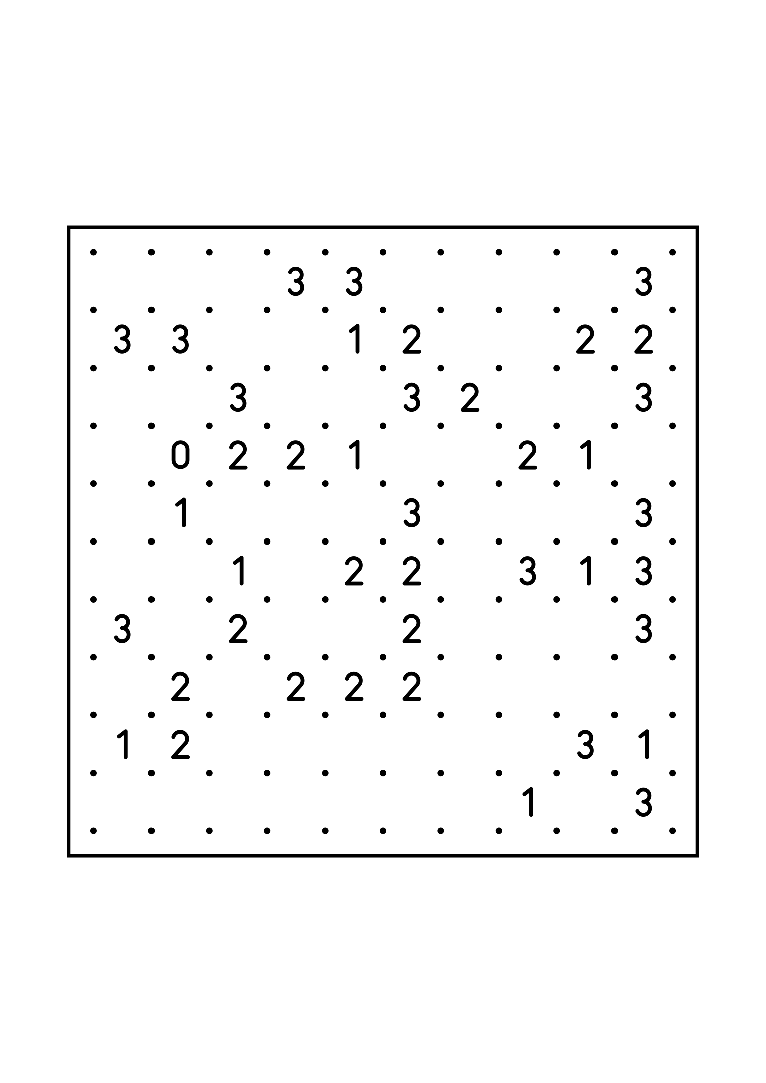 Medium 10x10 slitherlink, where each number is read with its four corners, one large grid on the page. Level: Medium. Variant 5.