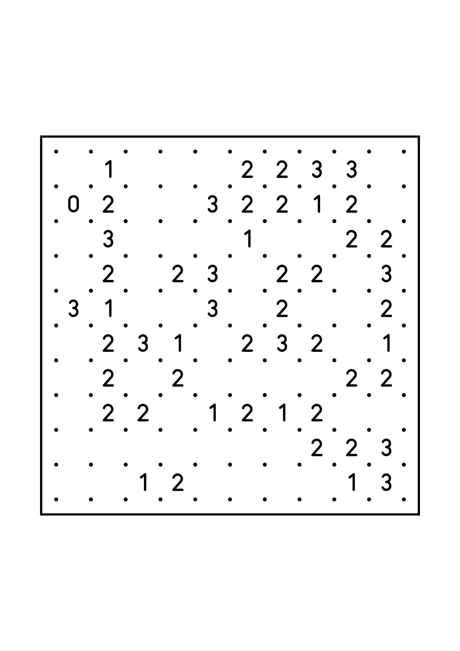 Medium 10x10 slitherlink, where each number is read with its four corners, one large grid on the page. Level: Medium. Variant 6.