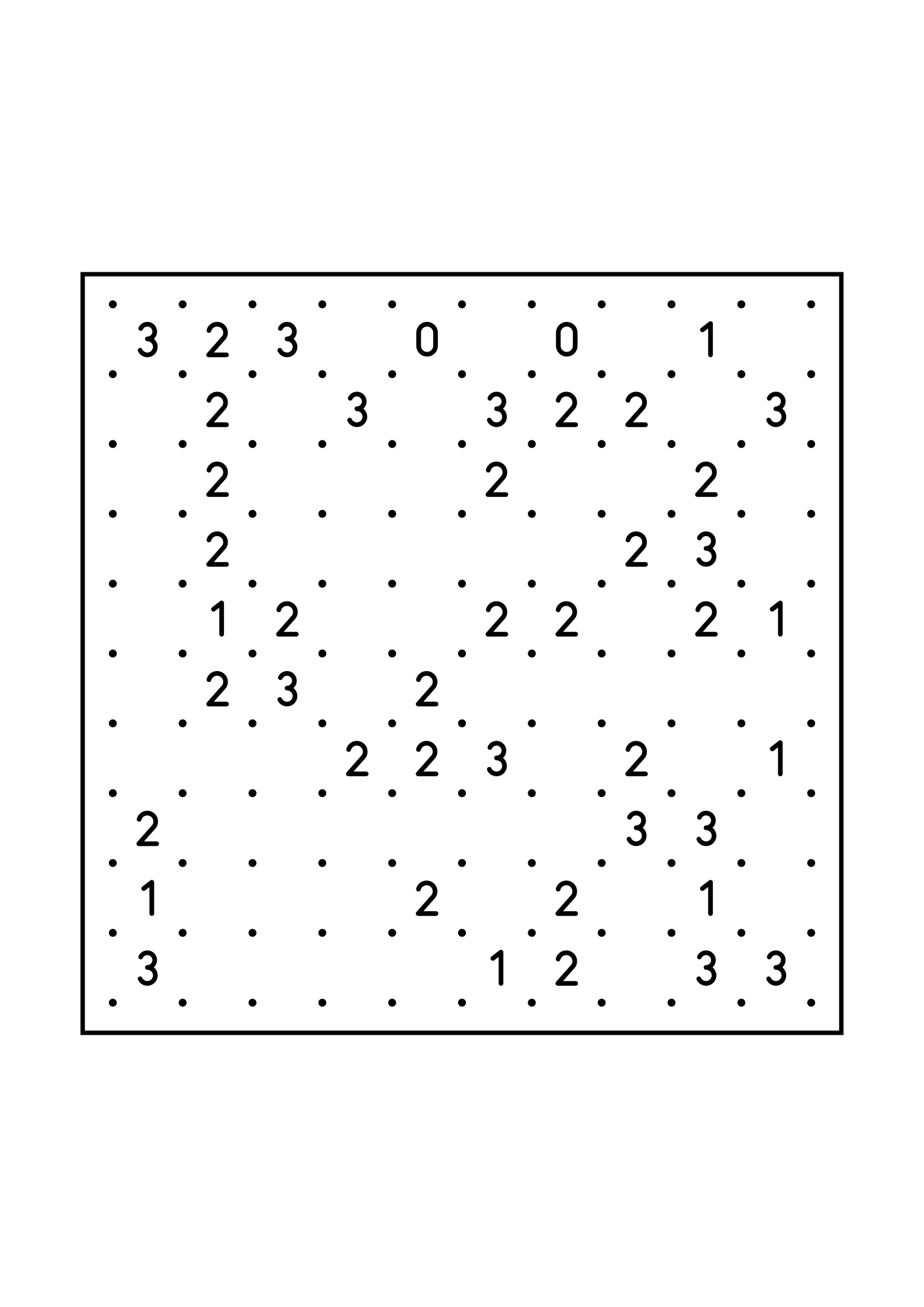 Medium 10x10 slitherlink, where each number is read with its four corners, one large grid on the page. Level: Medium. Variant 7.