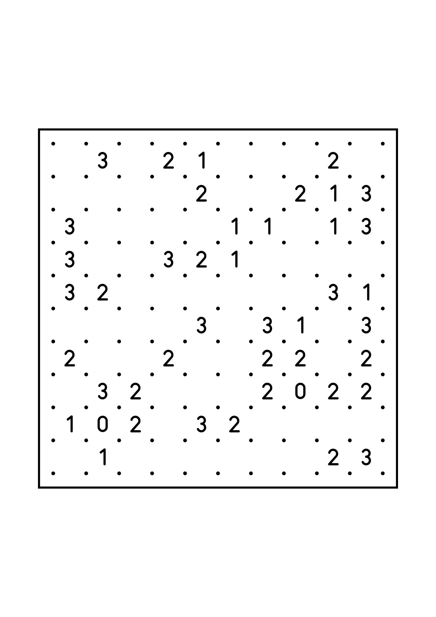 Medium 10x10 slitherlink, where each number is read with its four corners, one large grid on the page. Level: Medium. Variant 8.