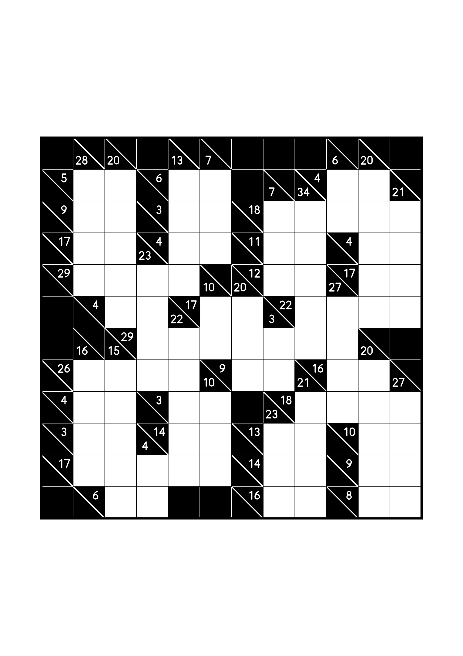 Medium 12x12 kakuro, where the digits of each combination must find their cells, one large grid on the page. Level: Medium. Variant 1.